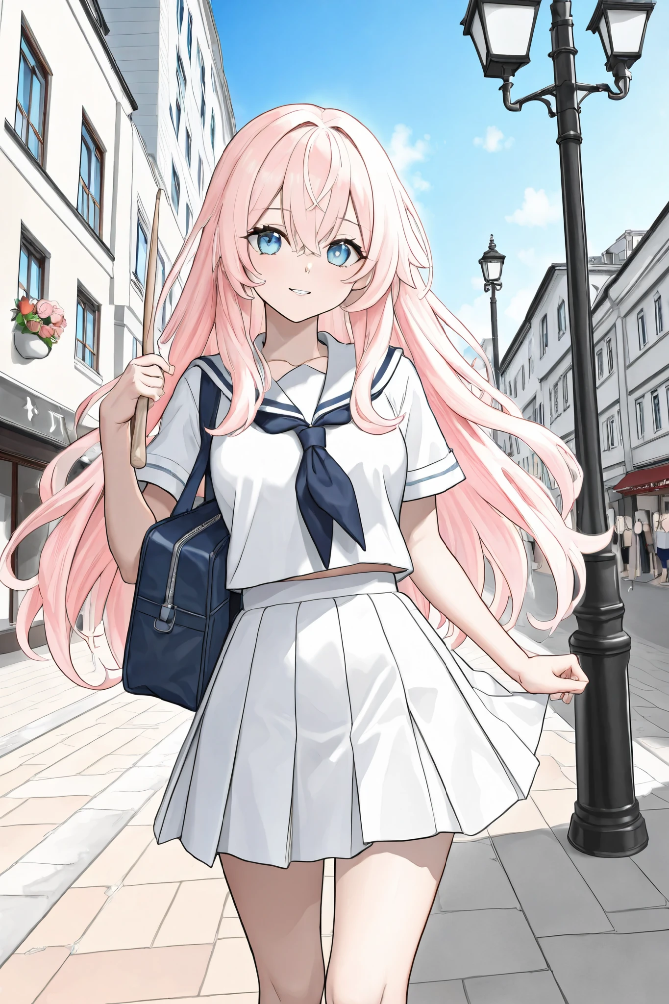 I only carry 1 schoolbag with a drumstick in it. Wearing a Japanese school uniform on a city street with Japanese street lights and a sunny-colored sky. Warm rose-colored hair with long hair . A girl with clear blue eyes. Looking back