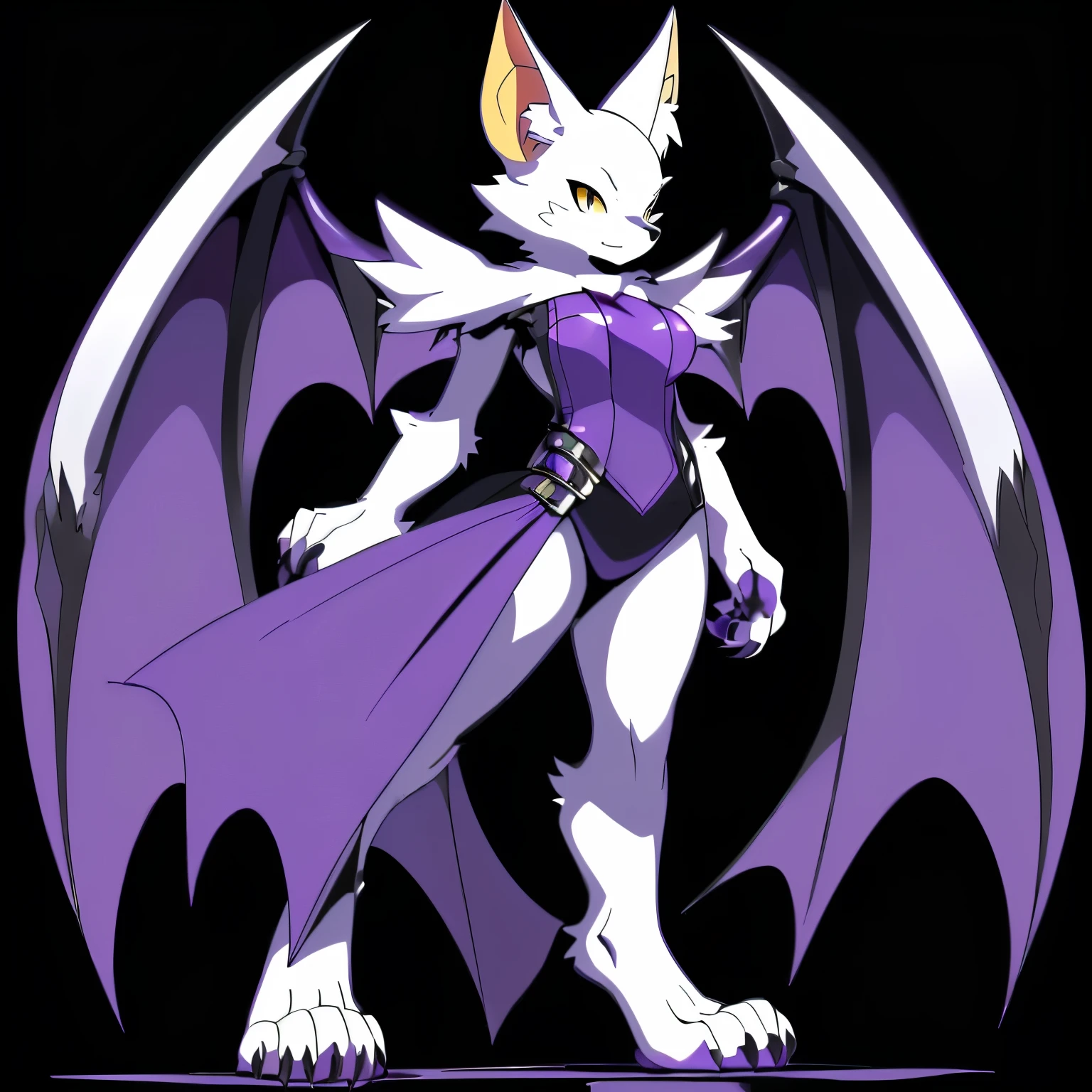 Anime, anime style, ((single person:2)), ((solo drawing:2)), ((solo:2)), ((three-quarter view)), ((Looking to the side)), ((sfw version)), ((female Anthro bat)), ((Tall figure)), ((buxom figure)), ((short white fur)), clawed hands, ((clawed paws)), ((Single Pair of Wings)), ((Huge Bat Wings)), ((Purple and black Bat Wings:1.3)), ((white bat ears)), ((wearing a black and purple outfit)), ((white face)), ((neutral expression)), vivid golden eyes, ((digitigrade legs)), ((digitigrade feet)), ((solid black background)), highly detailed anime style, clean lines, white face, short white muzzle, white furry cheeks, white furry muzzle, ((white foot paws)), ((foot paws with four toes)), ((Claws on paws))