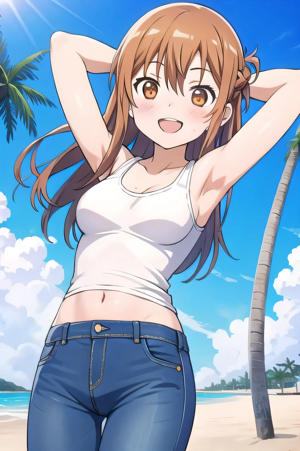 masterpiece,best quality,ultra detail, ((Perfect Face, Perfect Arms, Perfect hands, Perfect Fingers)), 1girl, , peti ((round face, ecstasy, orgasm face, drooping eyes, shame smiling, blush)), dropping eyes, sleepy, background((under the beach, (day:1.2), palm tree, bright sky)), asuna yuuki, long hair, brown hair, (brown eyes:1.8), ((arms behind head, hands behind head, fingers behind head)), contrapposto, spread armpits, looking at viewer,, (white tank top:1.2), (white crop top:1.2), (jeans pants:1.2, flares jeans:1.2, skinny jeans:1.2, blue jeans:1.2), standing, (legs spread:1.2), sex pose, Sweaty crotch, Steam from the crotch, from below, full medium body