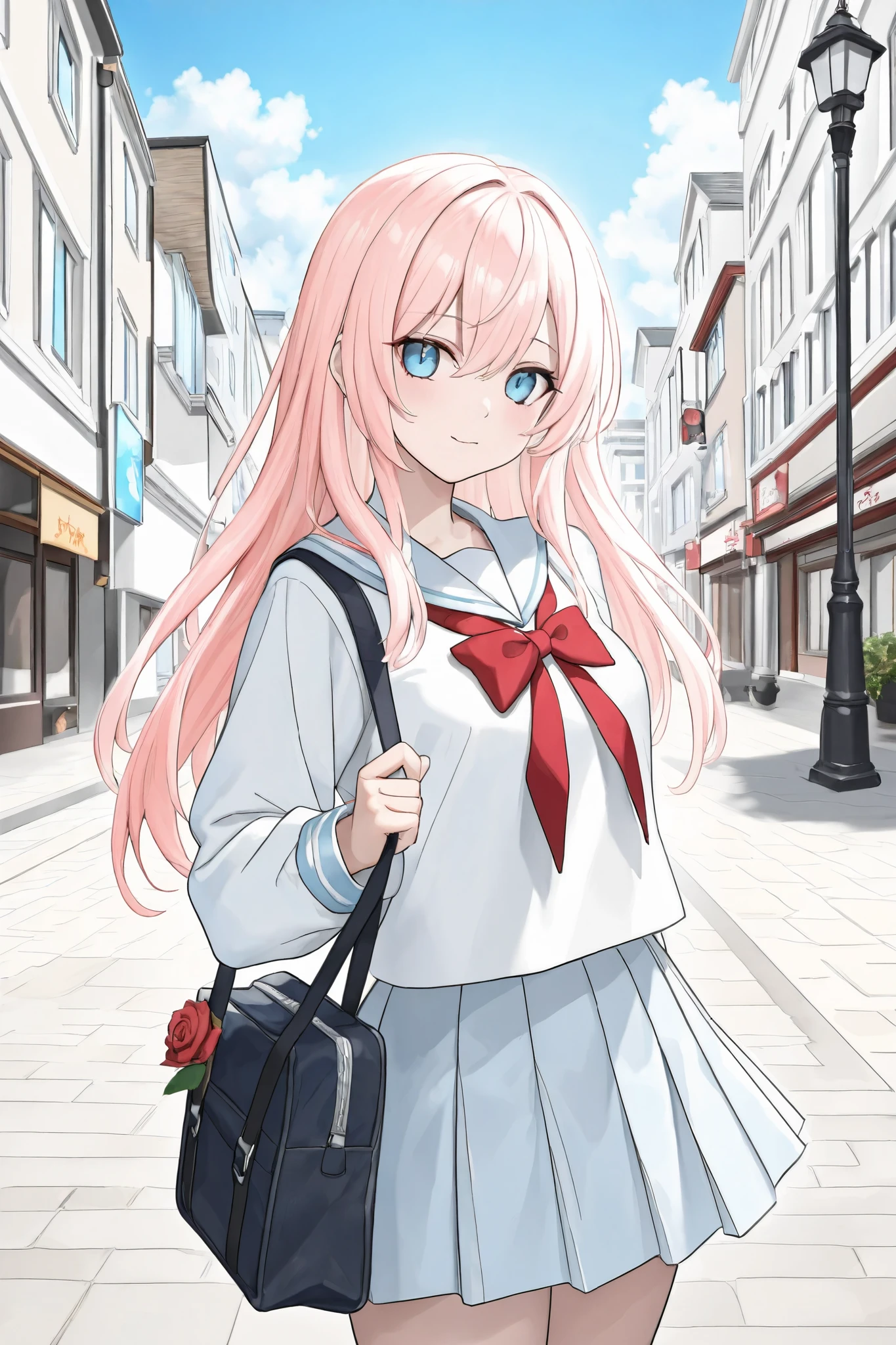 I only carry 1 schoolbag with a drumstick in it. Wearing a Japanese school uniform on a city street with Japanese street lights and a sunny-colored sky. Warm rose-colored hair with long hair . A girl with clear blue eyes. Looking back
