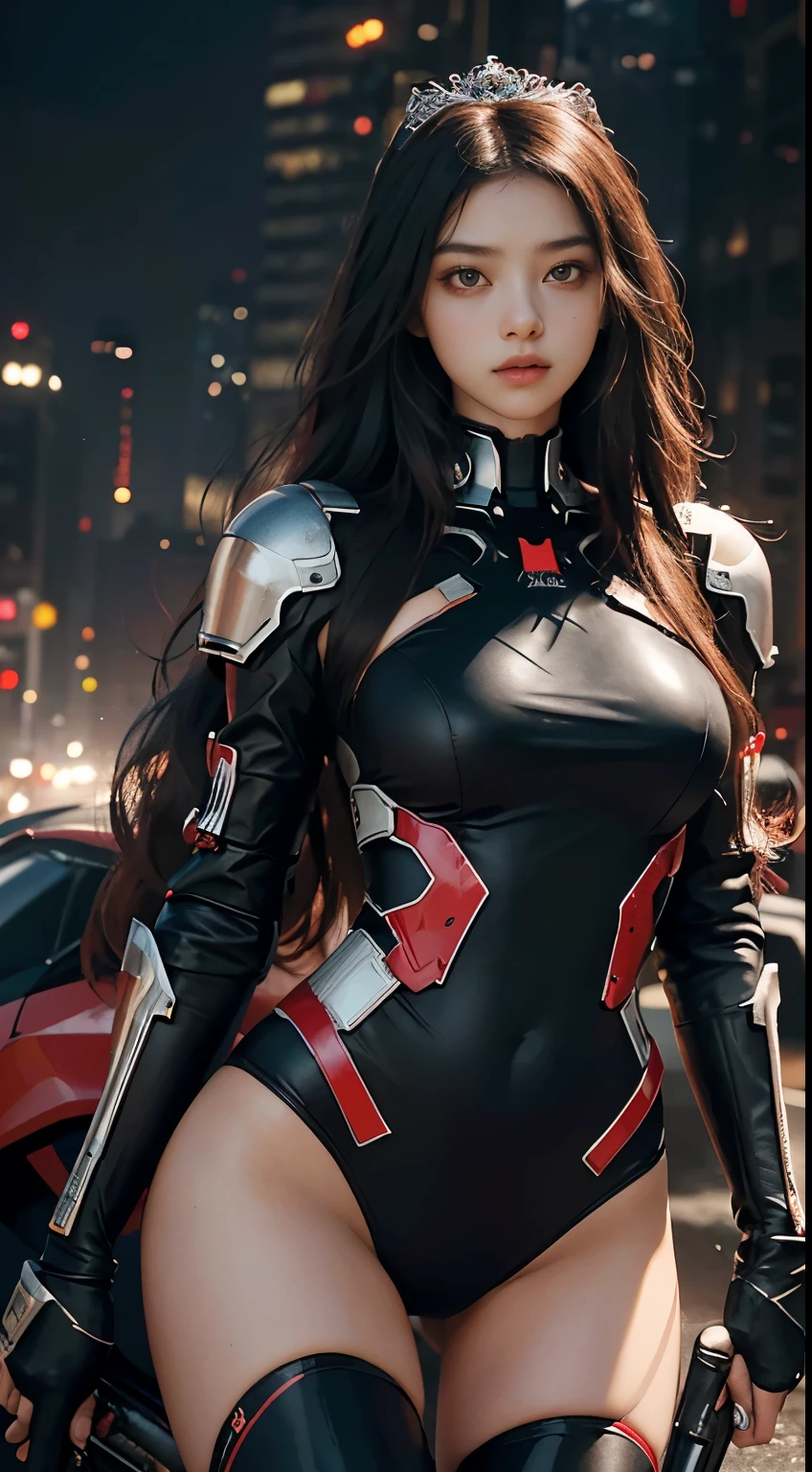 Introducing the enigmatic and alluring Black Widow, a seductive superheroine with jet-black hair cascading down to her slender shoulders, framing her mesmerizing blue eyes that seem to hold a thousand secrets. Her provocative red outfit, adorned with sleek black shoulder pads and bold bracelets, showcases her toned abs and midriff, highlighting her athletic feminine figure. The Z symbol on her chest, gleaming under the light, proudly displays her allegiance and unwavering commitment.
Artgerm's masterful portrait photography captures every detail of Black Widow's defined full lips, sharp jawline,