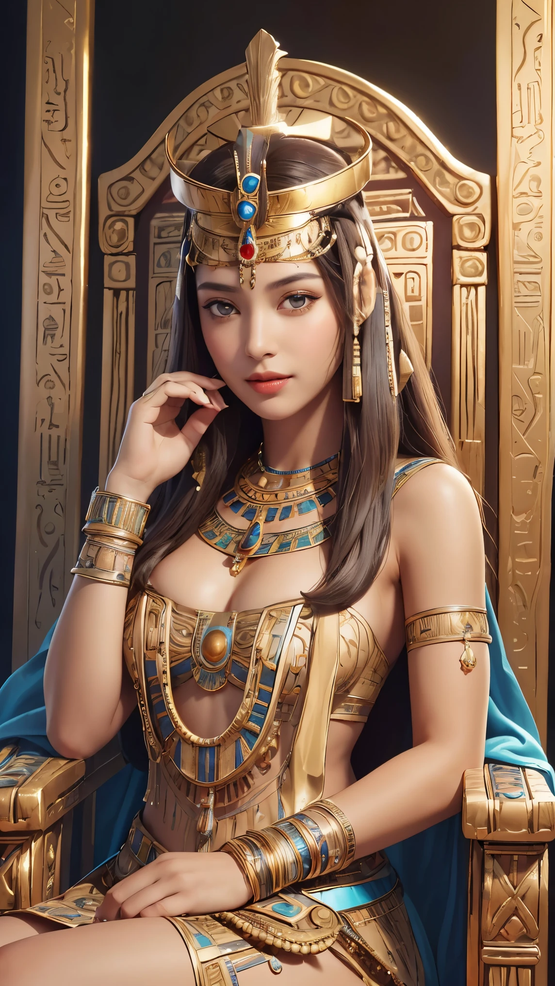 ((best quality)), ((masterpiece)), (detailed face and eyes), perfect face, accurate, textured skin, high details, highres, Cleopatra, queen of ancient Egypt, in silk dress, jewelled crown, lipstick, cowboy shot, Tanned skin, brown skin, throne, whole body