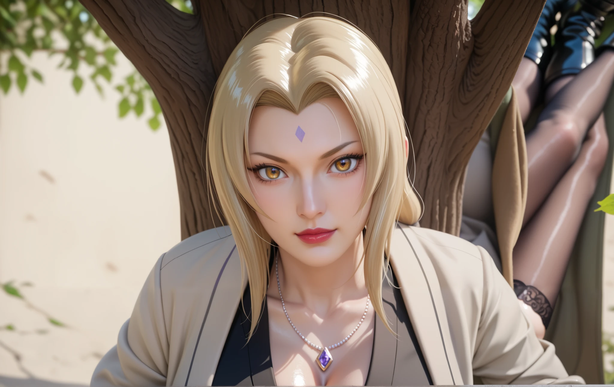 score_9,score_8_up,score_7_up,high res image,masterpiece,best quality,realistic,mature female,(fair_skin:1.1),(shiny_skin:1.2),Tsunade,t5un4d3,Light yellow long hair,blue purple mark on forehead,light yellow thin short eyebrows,bright brown pupils,light red lips,(hanging breasts:1.1),(big breasts:1.2),chopiotsunade,(black dress:1.2),(brown cardigan coat:1.2),(black boots:1.2),(black silk stockings:1.2),(stand under the tree:1.1),