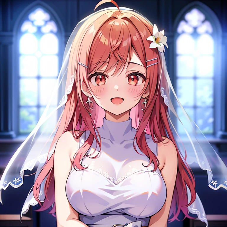A girl，Long hair, Bangs, Pink Hair, Hair between the eyes, s eyes，蓝色s eyes:（1.5),  (?????????????:1.2), 
rest  锁骨, Wedding dress，veil，wedding，White Dress，Flowers，The skirt is broken，White socks，Tights，White knee socks，
Looking at the audience, whole body,
indoors, church，permanent，permanent，
rest (masterpiece:1.2), best quality, high resolution, Unity 8K wallpaper, (illustration:0.8), (美丽细致s eyes:1.6), Extremely detailed face, Perfect lighting, Extremely detailed CG, (Perfect hands, Perfect anatomical structure),