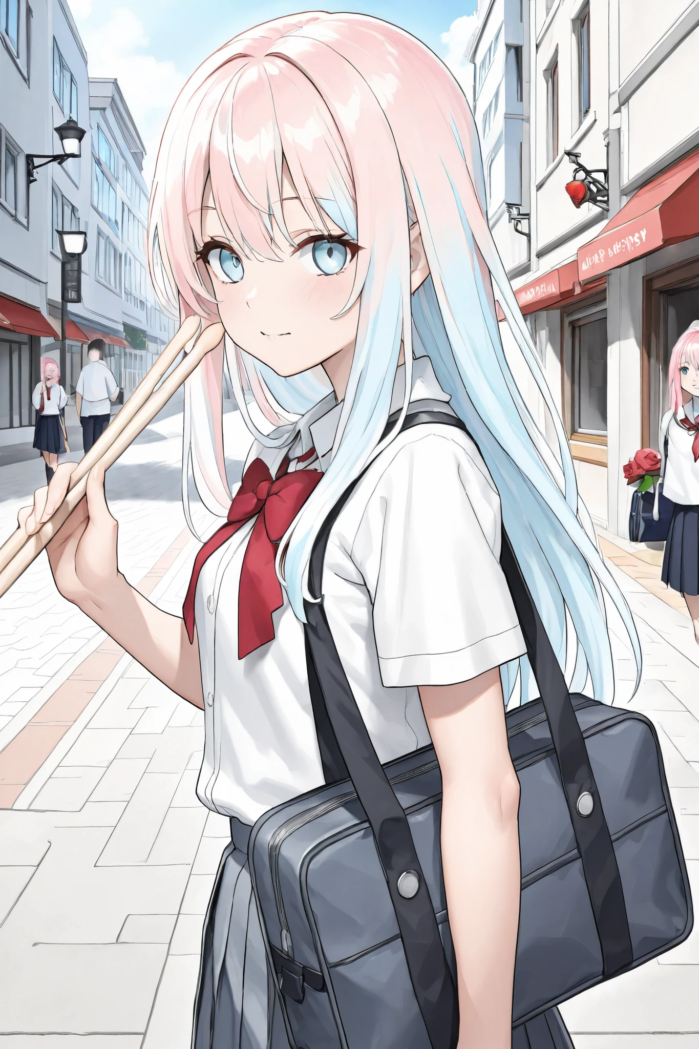 Carrying 2 drumsticks and carrying a schoolbag. Wearing a Japanese school uniform on a city street with Japanese street lights and a sunny-colored sky. Warm rose-colored hair with long hair .  A girl with clear blue eyes. Looking back 