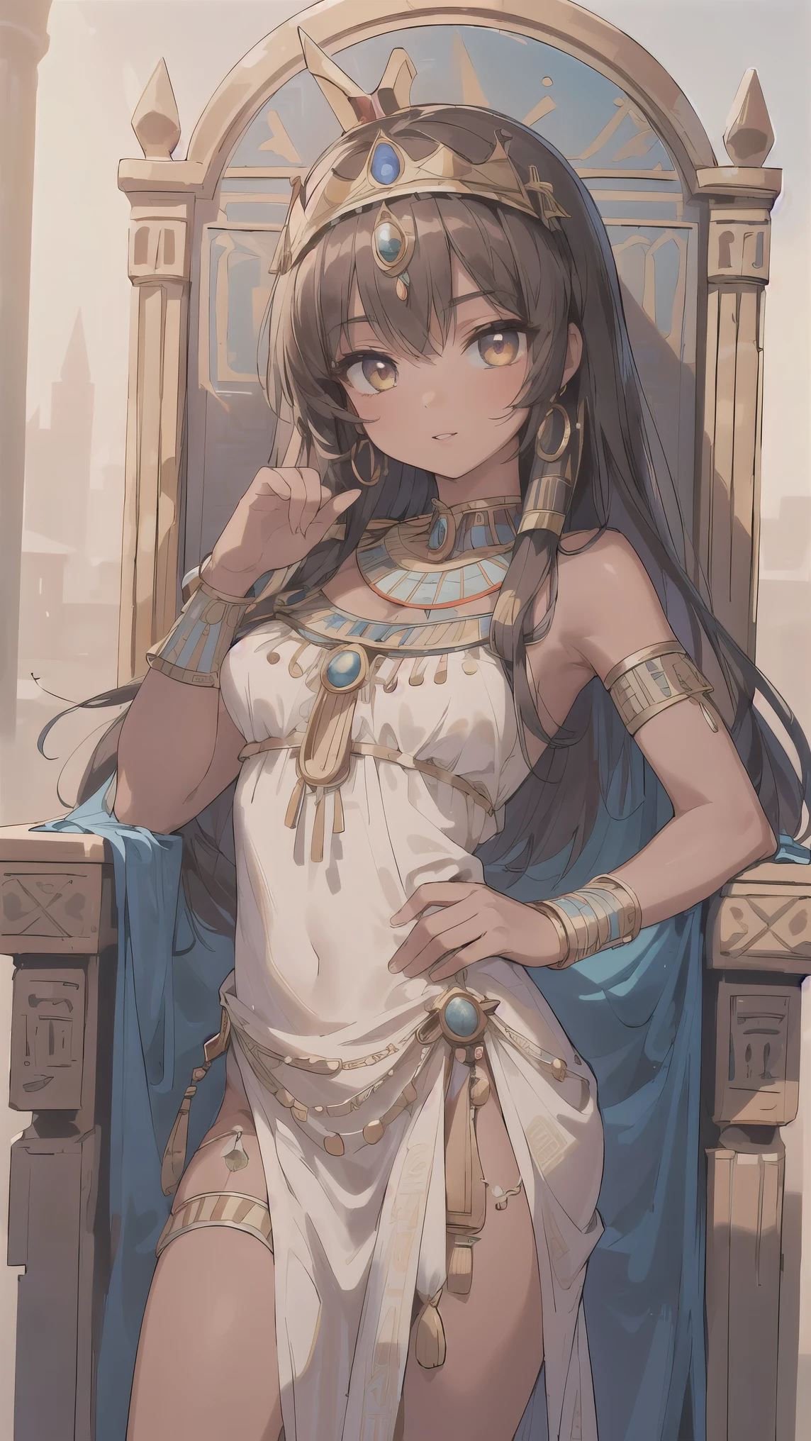 ((best quality)), ((masterpiece)), (detailed face and eyes), perfect face, accurate, textured skin, high details, highres, Cleopatra, queen of ancient Egypt, in silk dress, jewelled crown, lipstick, cowboy shot, Tanned skin, brown skin, throne, whole body