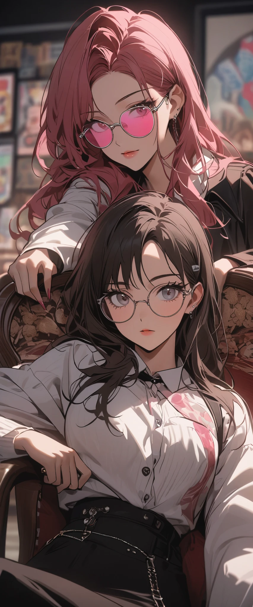 Japanese woman sitting on a chair ,Wearing glasses, sunglasses, Wearing glasses, Urzan, Woman with rose-colored glasses , Lumrat currency , wearing thin and large round glasses, Wear pink glasses, 戴着小圆眼镜, Portrait of Keith Blackpink , blackpink jisoo, blackpink jisoo, Square glasses, sunglasses