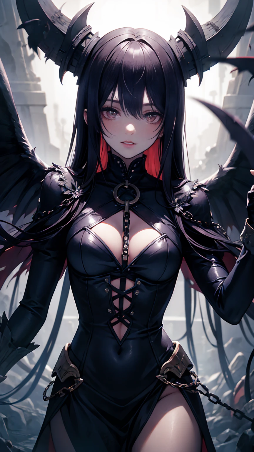 anime, Black and White, Red eyes, Black wings, Black Dress, Black wings, Black wings, Black wings, Black wings, Black wings, Black wings, gothic maiden anime girl, with glowing Red eyes, luminous Red eyes, With eyes that glow red, She has white eyes!!!, black anime pupils in her eyes, demon anime girl, glowing Red eyes