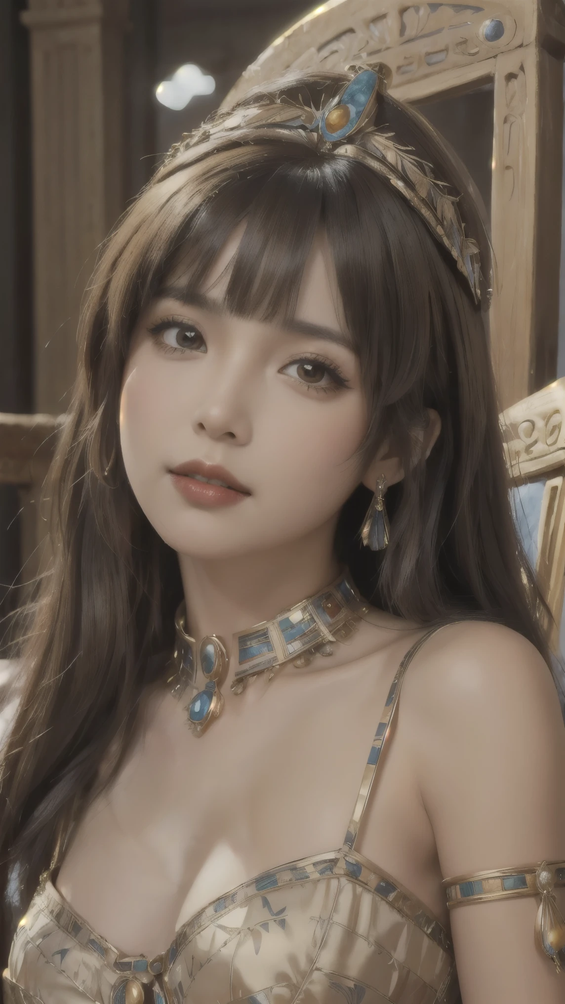 ((best quality)), ((masterpiece)), (detailed face and eyes), perfect face, accurate, textured skin, high details, highres, Cleopatra, queen of ancient Egypt, in silk dress, jewelled crown, lipstick, cowboy shot, Tanned skin, brown skin, throne, whole body