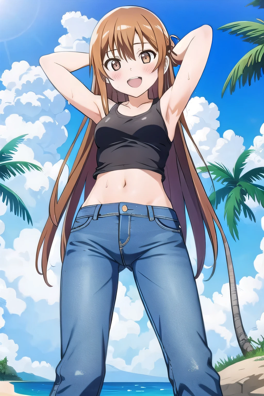 masterpiece,best quality,ultra detail, ((Perfect Face, Perfect Arms, Perfect hands, Perfect Fingers)), 1girl, , peti ((round face, ecstasy, orgasm face, drooping eyes, shame smiling, blush)), dropping eyes, sleepy, Open mouth, White teeth, background((under the beach, (day:1.2), palm tree, bright sky)), asuna yuuki, long hair, brown hair, (brown eyes:1.8), ((arms behind head, hands behind head, fingers behind head)), contrapposto, spread armpits, looking at viewer,, (white tank top:1.2), (white crop top:1.2), (jeans pants:1.2, flares jeans:1.2, skinny jeans:1.2, blue jeans:1.2), standing, (legs spread:1.2), sex pose, Sweaty crotch, Steam from the crotch, from below, full medium body