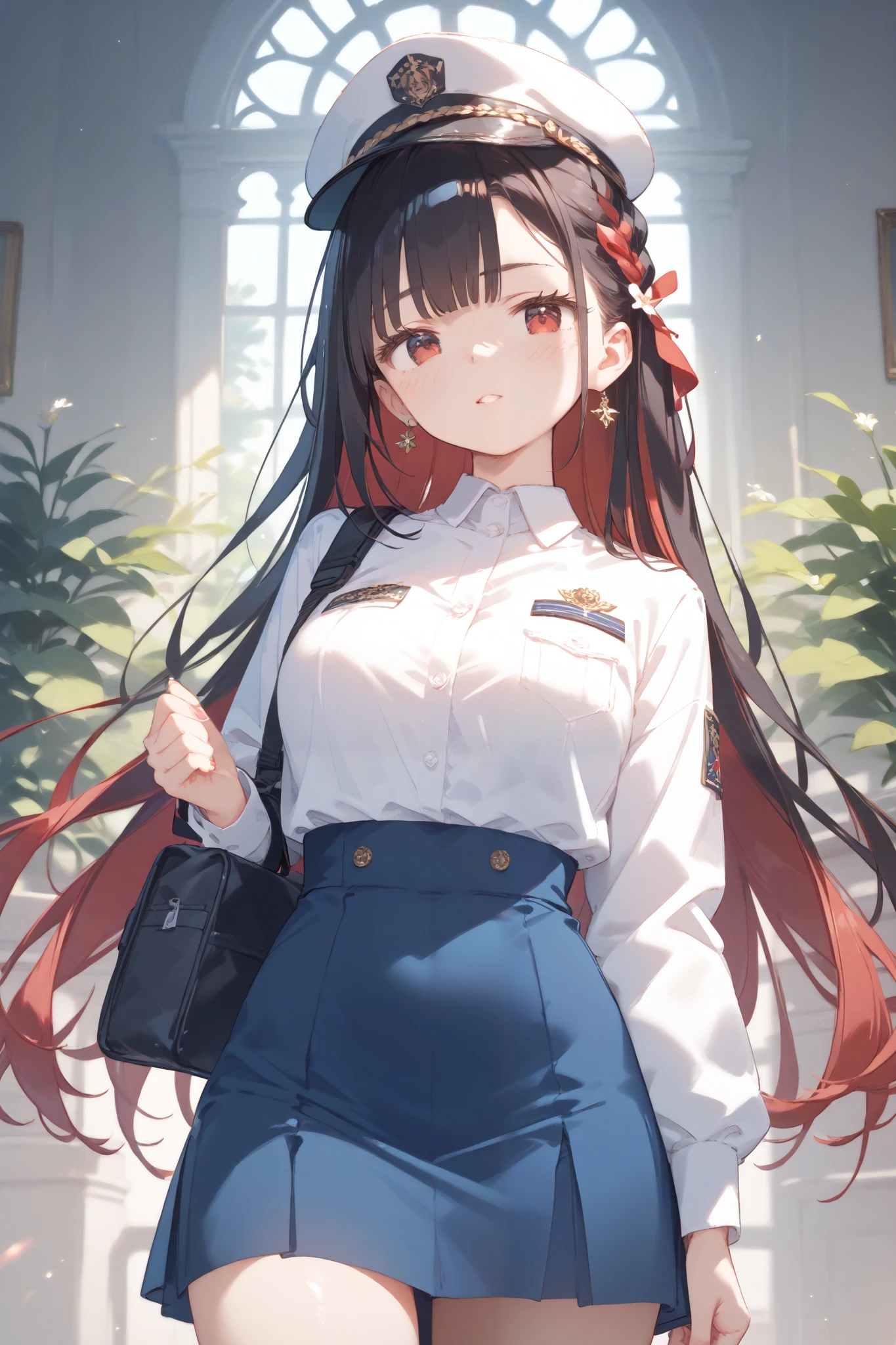 One person、 hair with red lines on black、Braid bun 、 small tits、 red eyes、daughter、uniform