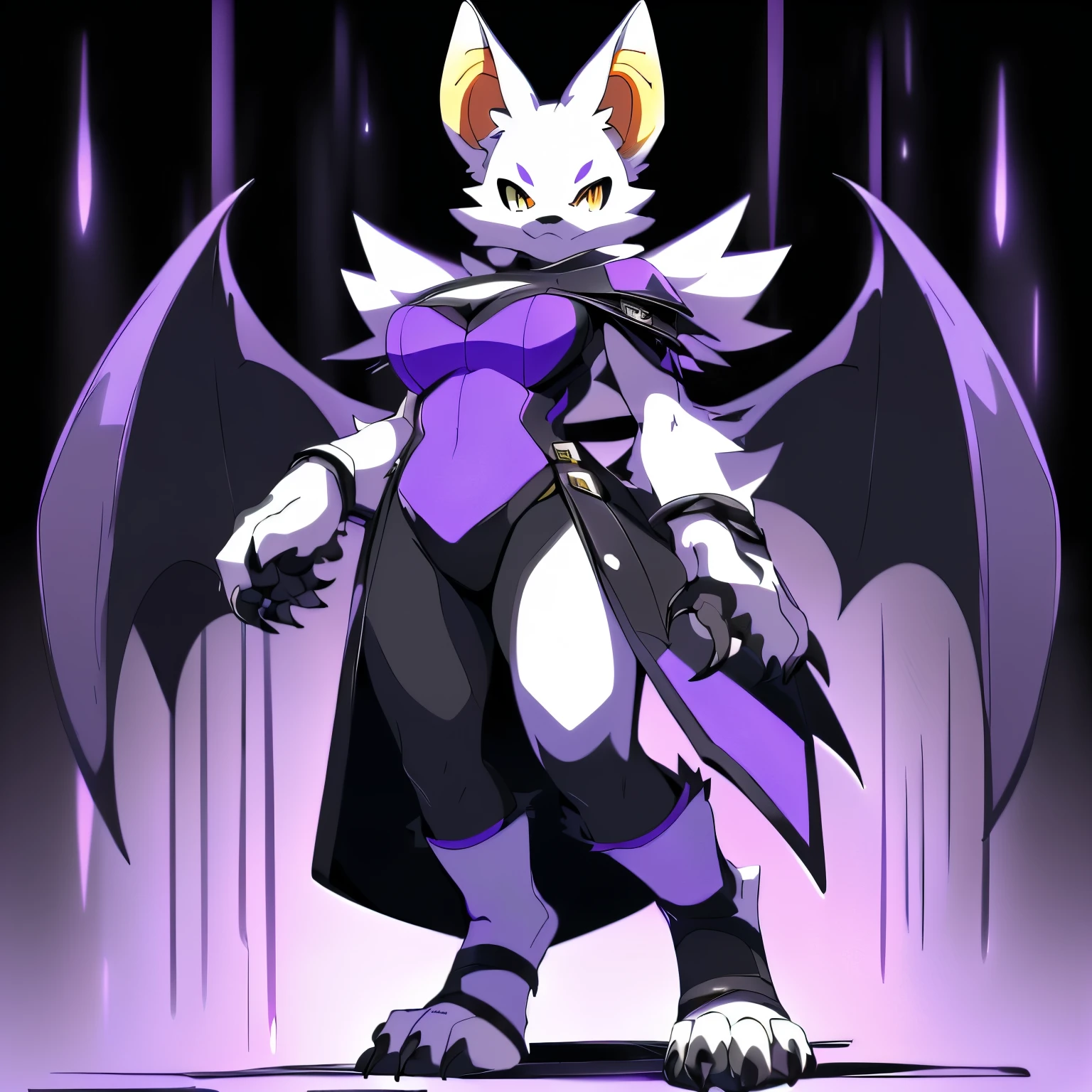 Anime, anime style, ((single person:2)), ((solo drawing:2)), ((solo:2)), ((three-quarter view)), ((Looking to the side)), ((sfw version)), ((female Anthro bat)), ((Tall figure)), ((buxom figure)), ((short white fur)), clawed hands, ((clawed paws)), ((Single Pair of Wings)), ((Huge Bat Wings)), ((Purple and black Bat Wings:1.3)), ((white bat ears)), ((wearing a black and purple outfit)), ((white face)), ((neutral expression)), vivid golden eyes, ((digitigrade legs)), ((digitigrade feet)), ((solid black background)), highly detailed anime style, clean lines, white face, short white muzzle, white furry cheeks, white furry muzzle, ((white foot paws)), ((foot paws with four toes)), ((Claws on paws))