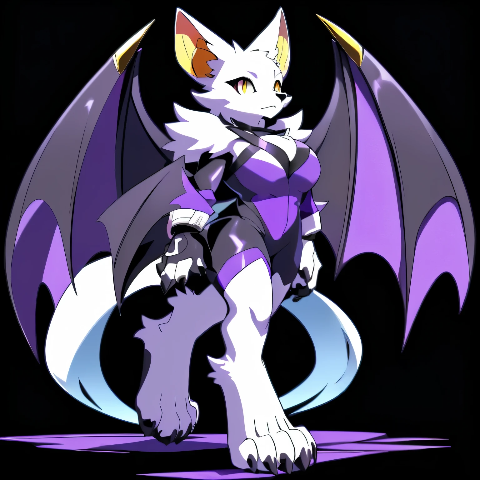 Anime, anime style, ((single person:2)), ((solo drawing:2)), ((solo:2)), ((three-quarter view)), ((Looking to the side)), ((sfw version)), ((female Anthro bat)), ((Tall figure)), ((buxom figure)), ((short white fur)), clawed hands, ((clawed paws)), ((Single Pair of Wings)), ((Huge Bat Wings)), ((Purple and black Bat Wings:1.3)), ((white bat ears)), ((wearing a black and purple outfit)), ((white face)), ((neutral expression)), vivid golden eyes, ((digitigrade legs)), ((digitigrade feet)), ((solid black background)), highly detailed anime style, clean lines, white face, short white muzzle, white furry cheeks, white furry muzzle, ((white foot paws)), ((foot paws with four toes)), ((Claws on paws))
