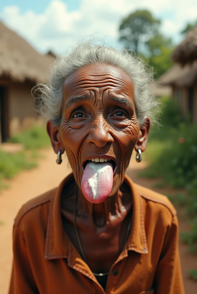woman 50 years old from a village in Ethiopia completely naked sits on her knees and opened her mouth wide to take a penis in her mouth