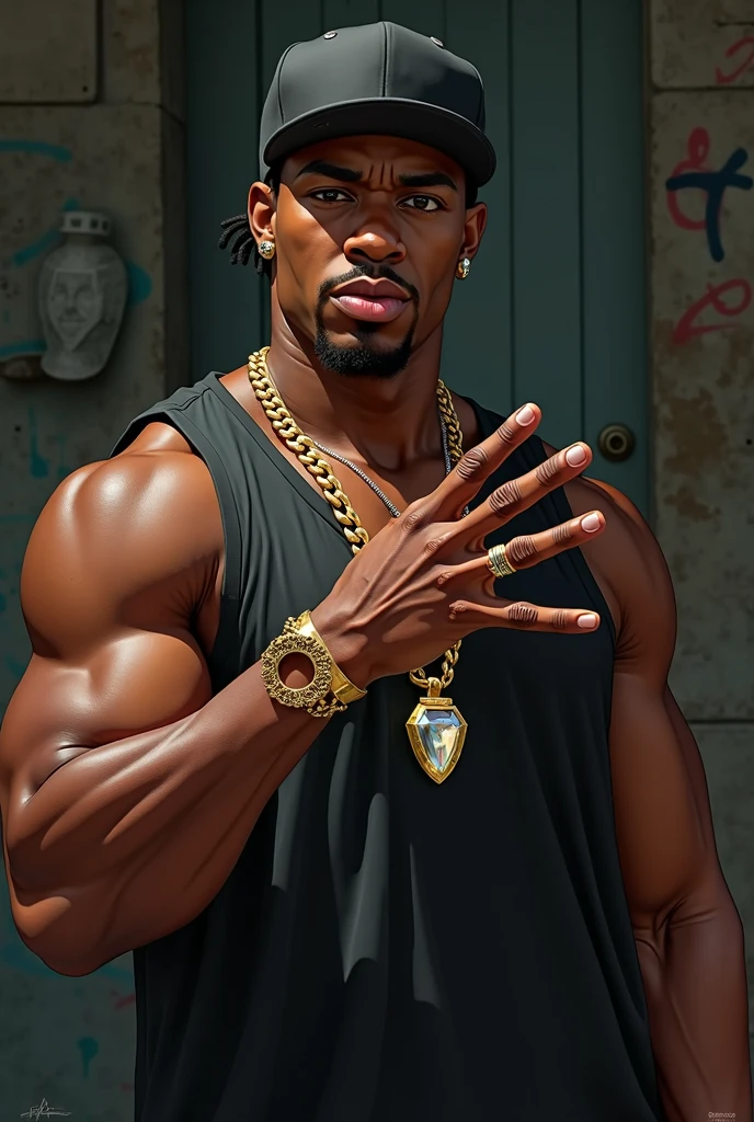 Create an image with dimensions of 1500x1500 pixels of a black man with a gold chain around his neck with a pendant with the phrase written on it: play for the troops. The background of the image should be dark and the character's frame should be from the neck down to the torso..