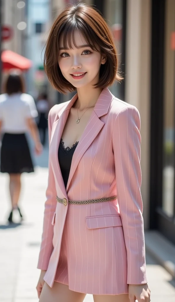 Japanese woman in the streets of Shinjuku、２０generation、A beautiful and clear-skinned woman、Short-cut ponytail、bright、Dress neat and clean、front