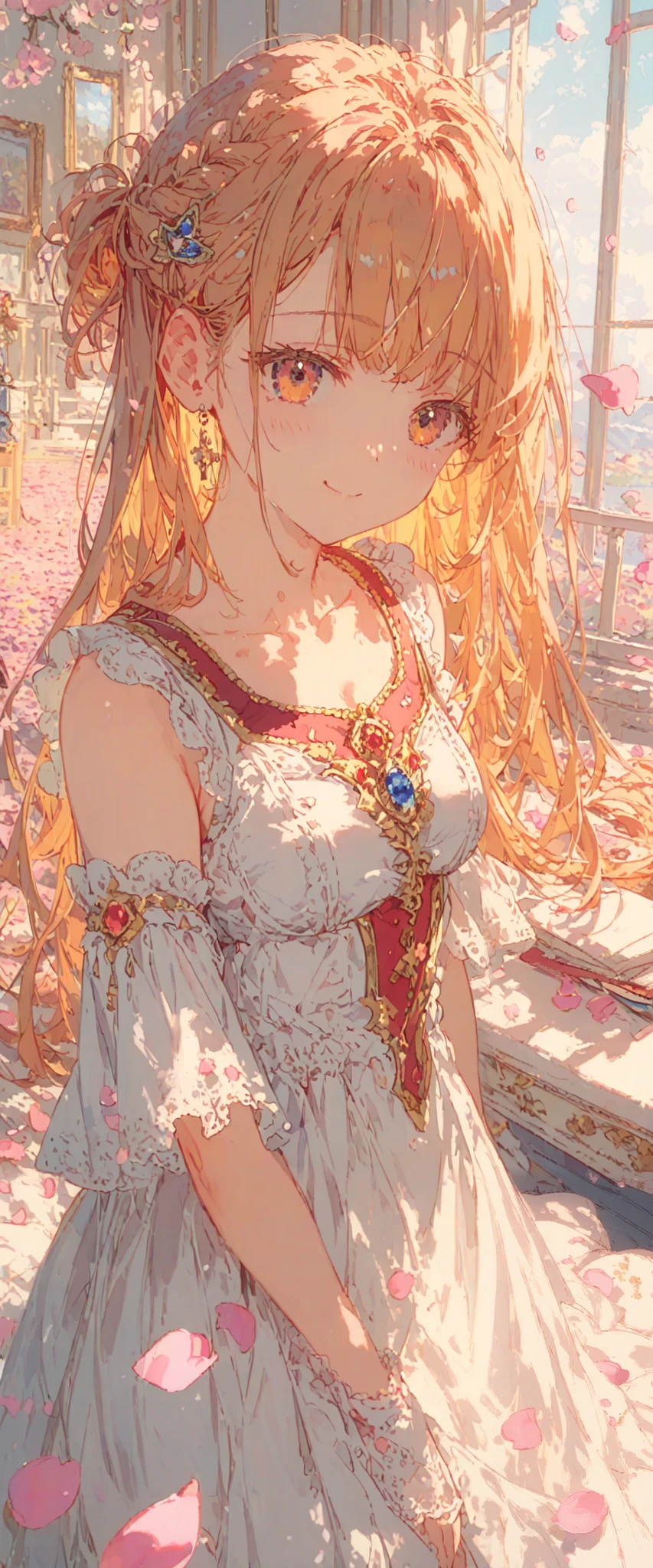 ((best quality)), ((masterpiece)), (detailed), perfect face, cute girl, has pink petals around her, has a sakura hair clip