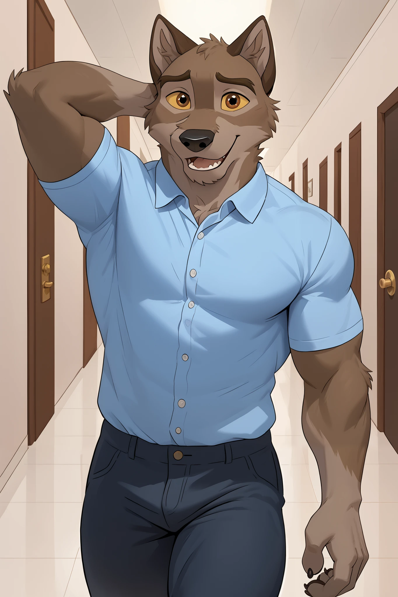 9, score_8_up, score_7_up, source_furry, solo, ((baltotwd)), wolfdog, balto, anthro, yellow sclera, brown eyes, brown gay fur, fit, walking indoors, happy, excited, hallway, hand behind head, midday, white shirt, black pants, 5fingers, hi res, perfect face, best artwork, highly detailed, eyes focus, fully detailed hallway background, midday