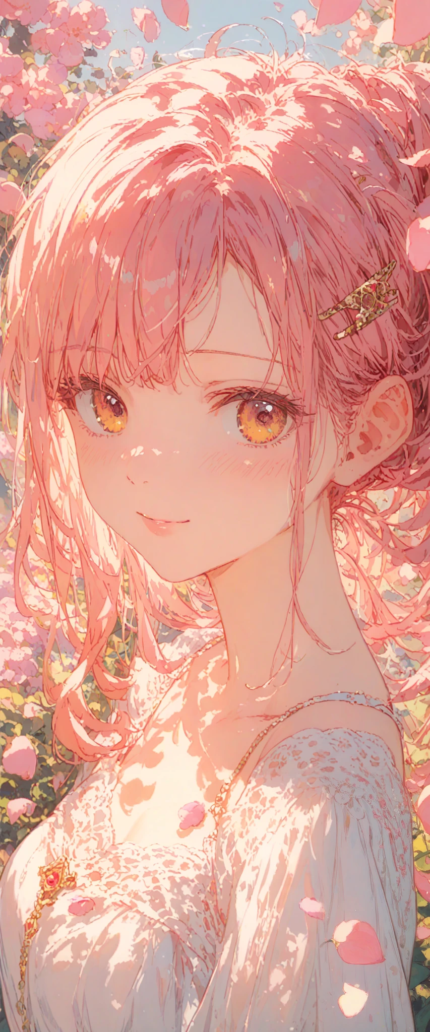 1girl in, Solo, Looking at Viewer, Short hair, Jewelry, PastelColors, earrings, Parted lips, Lips, flower petals, Eyelashes, The tattoo, makeup, watermarked, Piercing, ear piercings, Portrait, Digital Art