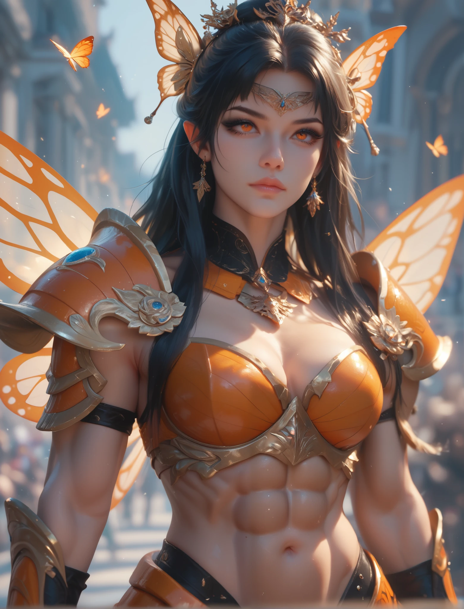 fairy woman, muscular_body, long black hair, orange eyes, abs, orange butterfly wings, perfect_face, best_qualities, black eyeliner, tanned skin, (large_muscle:1.1), (huge_muscle:1.1), (expressive_eyes:1.0), black and orange armor, black tatoo, stern look, several look