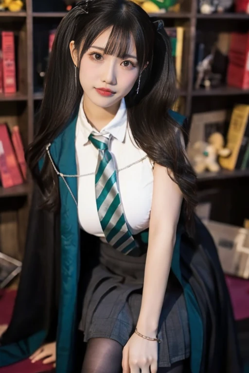 best quality, 8k, very delicate and beautiful, highly detailed face and skin texture, shiny skin, high resolution, sexy long hair teenage girl wearing black hogwarts uniform and green stripes stand in front of castle, slytherin, sharp focus