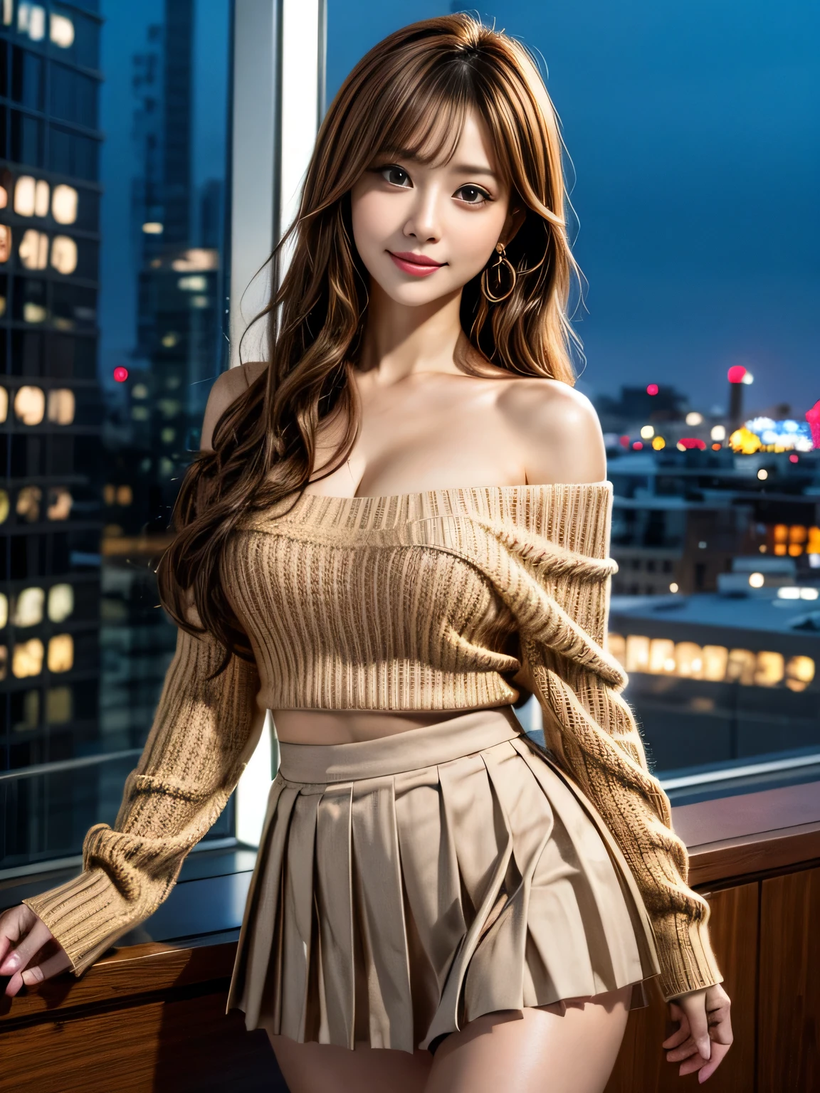 best quality, ultra-detailed, intricately detailed hyperdetailed, realistic, sharp features, highly detailed, sharp focus, masterpiece, Realistic, Photorealistic:1.3, perfect face, perfect symmetrically eyes, perfect full lips, hyper detailed, hyper realistic, high resolution, Korean idol, Sexy, Sweet, fascinate, Beautiful Face, (Long Sleeve off-shoulder solid knit:1.2), ((pleated mini skirt)), light brown hair, Beautiful hairstyle, (Slightly open mouth), (naughty smile), cowboy shot, City lights at night,