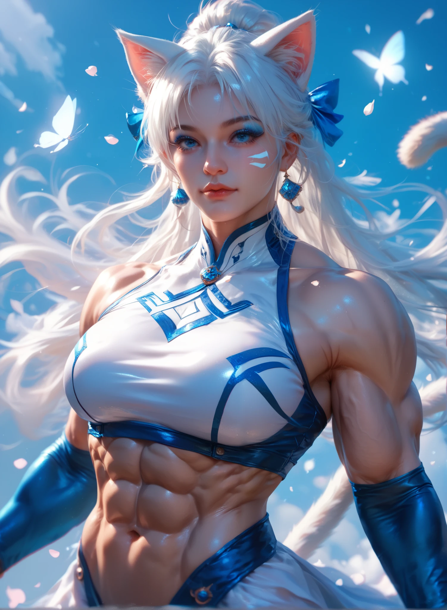 3D image, woman wearing a sapphire blue top and jeans black with gold, golden box briefs with white, (20 years), bright blue eyes, black hair with white locks with ponytail, hyper-realistic, 4k, masterpiece, beautiful, facing the viewer, full body levitating, ((white skin)), neckline, maximum details.