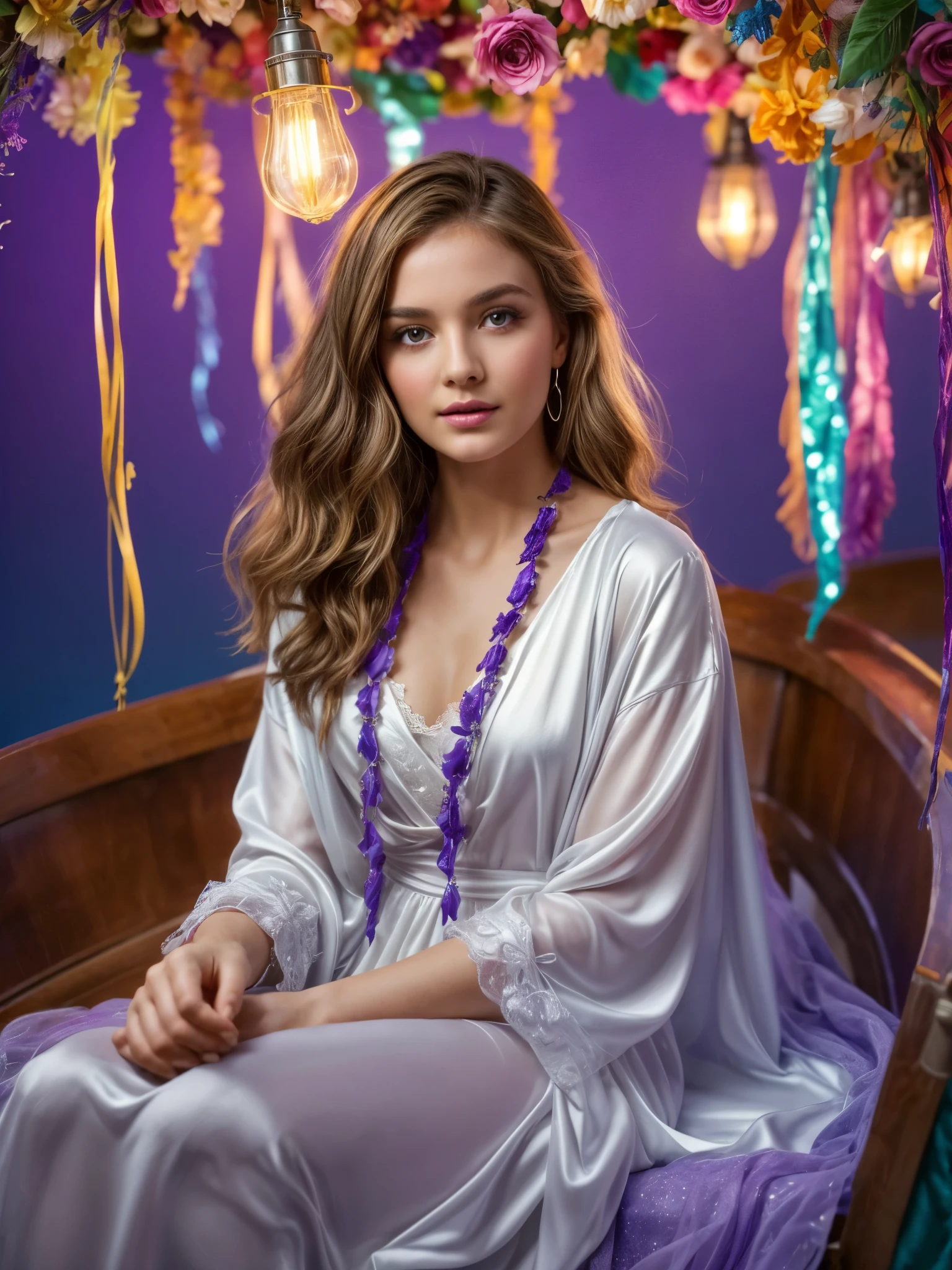(best_quality, masterpiece:1.2), (highly detailed), (4k, 8k, uhd, high_resolution, highres), girl, sitting, blouse, draped shawl, dress, medium length shaggy hair, looking at viewer, whimsical backdrop of flower adorned decorations, sparkling garlands, colorful, water surface, gondola, colorful ribbons, lamp lights, highly detailed, flawles, shiny silver box, violet background, photorealistic, studio lighting, ultra-detailed, sharp focus, extremely detailed, vibrant colors, ultra high definition, best quality, beautiful, delicate, sweet, feminine, white outfit, open chest,