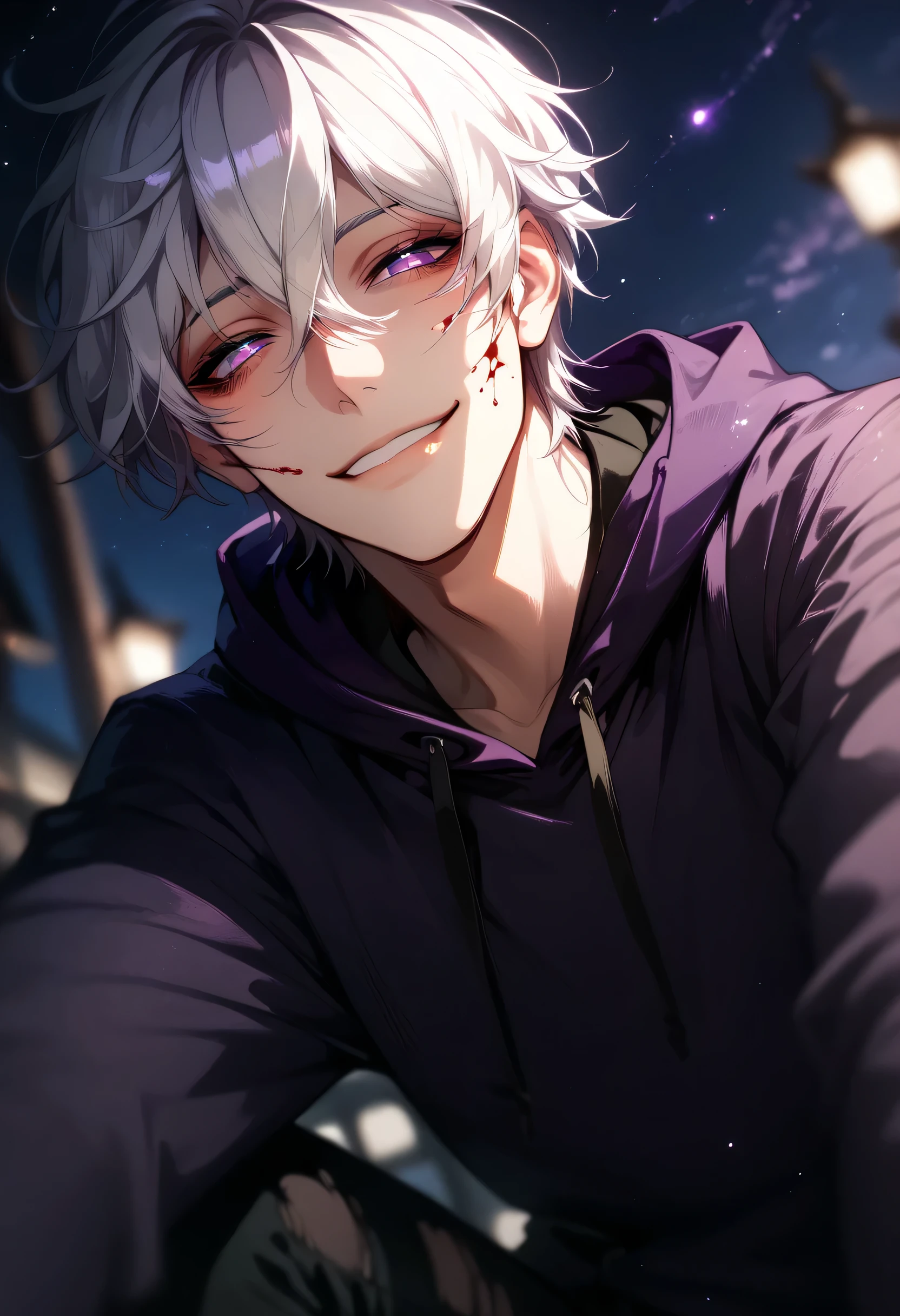 (Masterpiece), best quality, highest quality, highly detailed CG unity 8k wallpaper, original, high resolution, (depth of field: 1.5), fidelity: 1.3, solo male, yandere, short white hair, hair between eyes, eye_focus, purple eyes, (purple hoodie: 1.3), closed mouth smirk, black ripped pants, (night time starry night), blood on face, half lidded eyes, dark circles under eyes, head tilted back slightly, view from below, cowboy shot