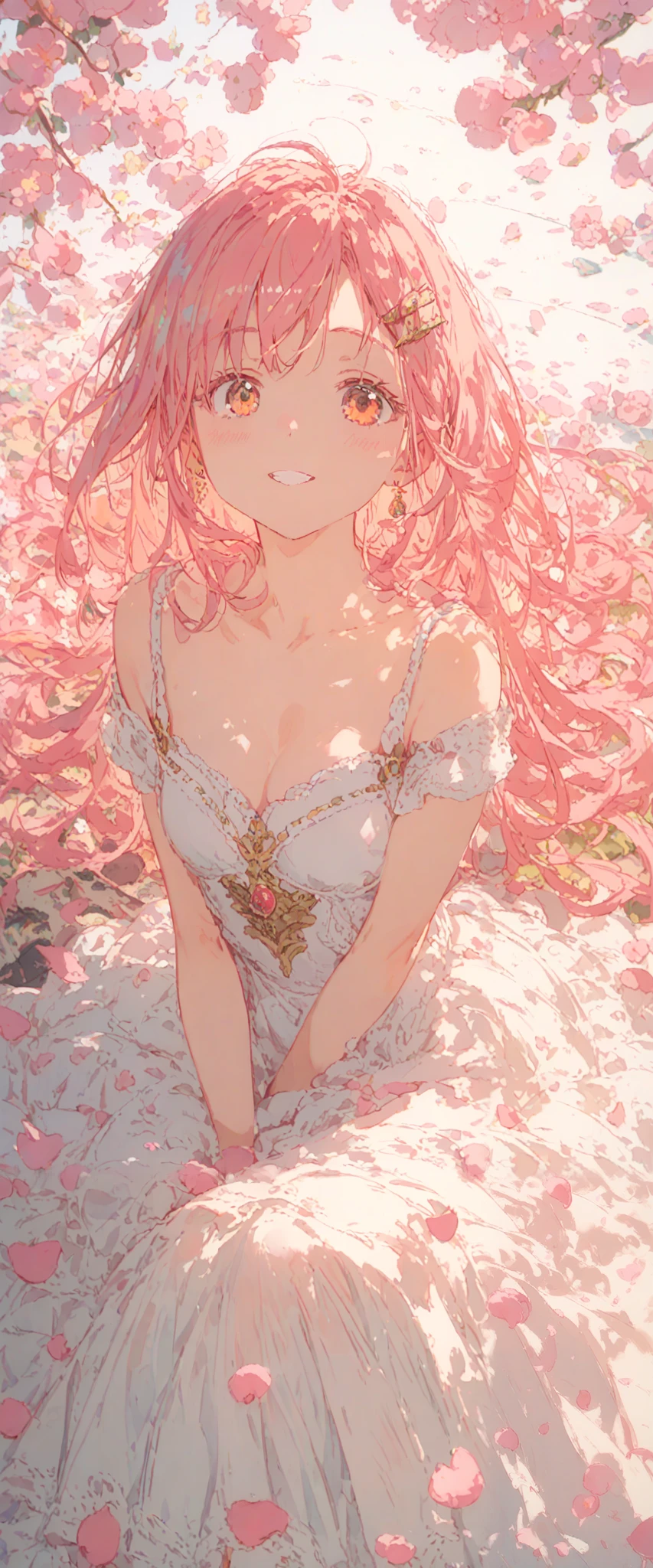 ((best quality)), ((masterpiece)), (detailed), perfect face, cute girl, has pink petals around her, has a sakura hair clip , pink hair