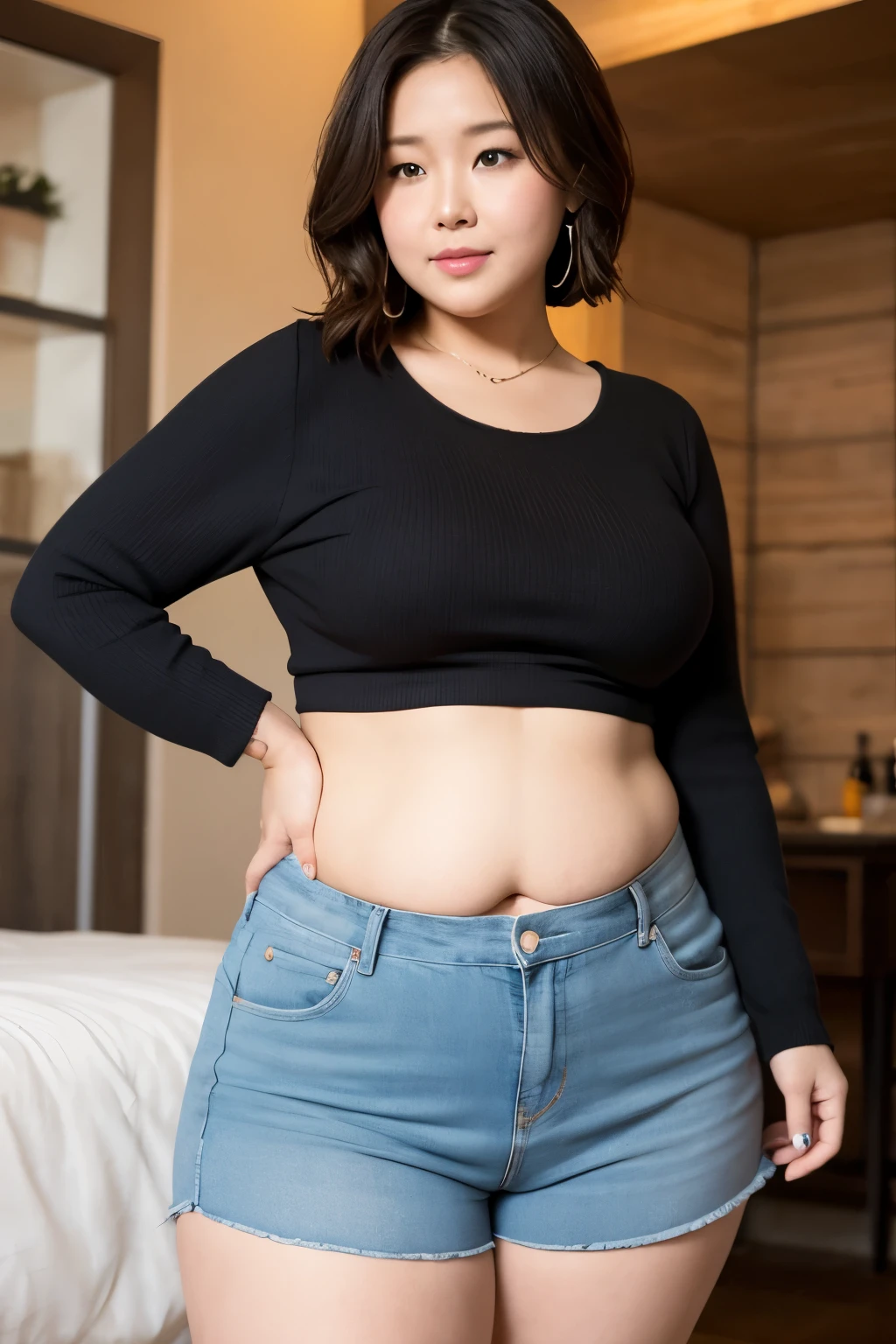 ((best quality)), ((masterpiece)), (detailed), perfect face, araffe woman in a dark-blue shirt and blue denim skirt walking down a dark room, thicc, she has a jiggly fat round belly, bbwchan, wearing tight simple clothes, skinny waist and thick hips, widest hips, her belly is fat and round, soft curvy shape, hyperrealistic full figure, wearing a cute top, wide hips, wearing 10 bracelet , wearing huge diamond necklace , watch, wavy short hair