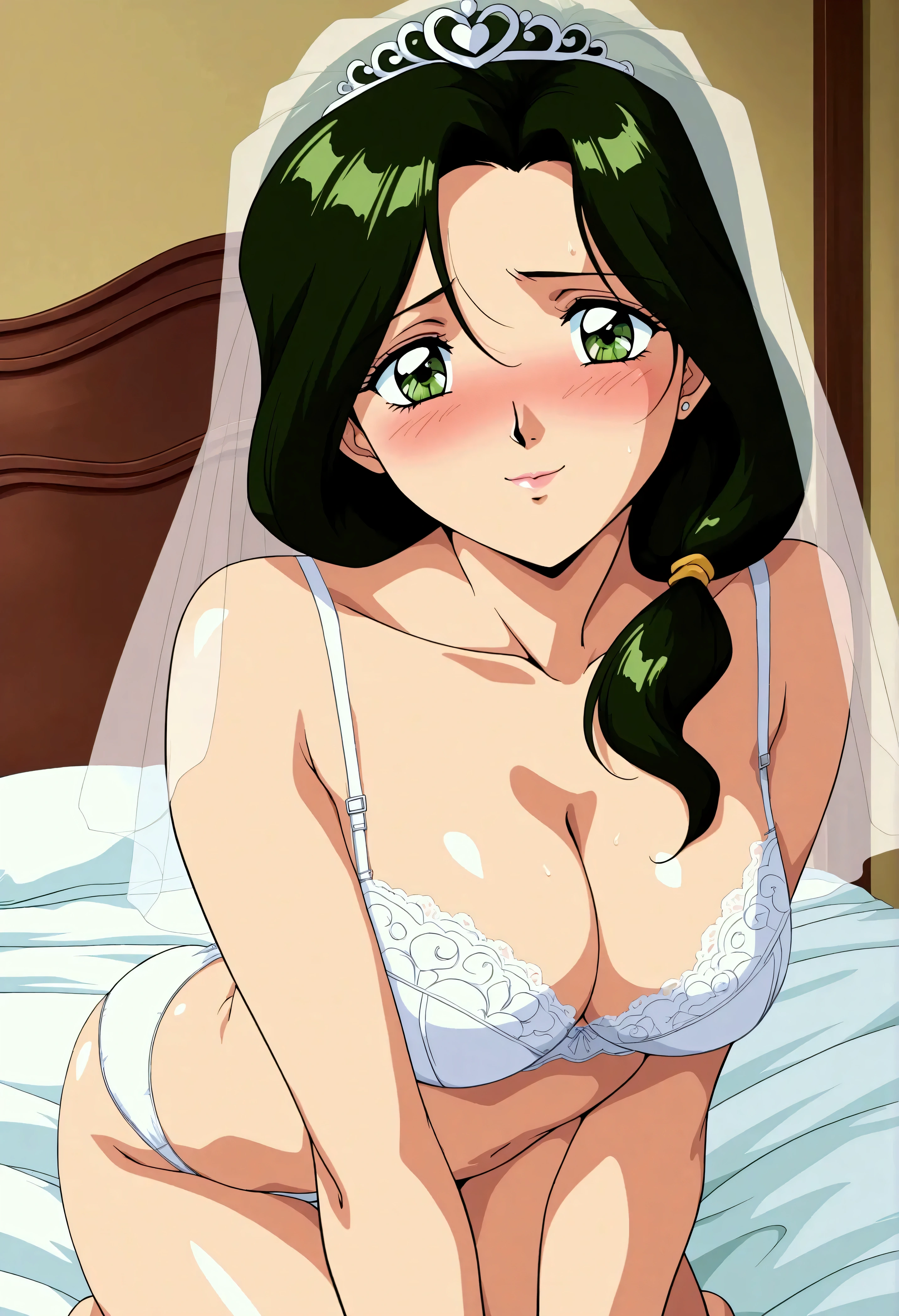 safe_pos, 1girl, solo, Sakurai_Sensei, dark green hair, long hair, green eye, low ponytail, lips,1990s (style), anime coloring, cleavage, wedding veil, white bra,white lace,white panties, indoors, shy, blush, smile, horny, slutty, moan, masterpiece,best quality,amazing quality,anime coloring, kneeling on bed, ass to shot, ass to viewer