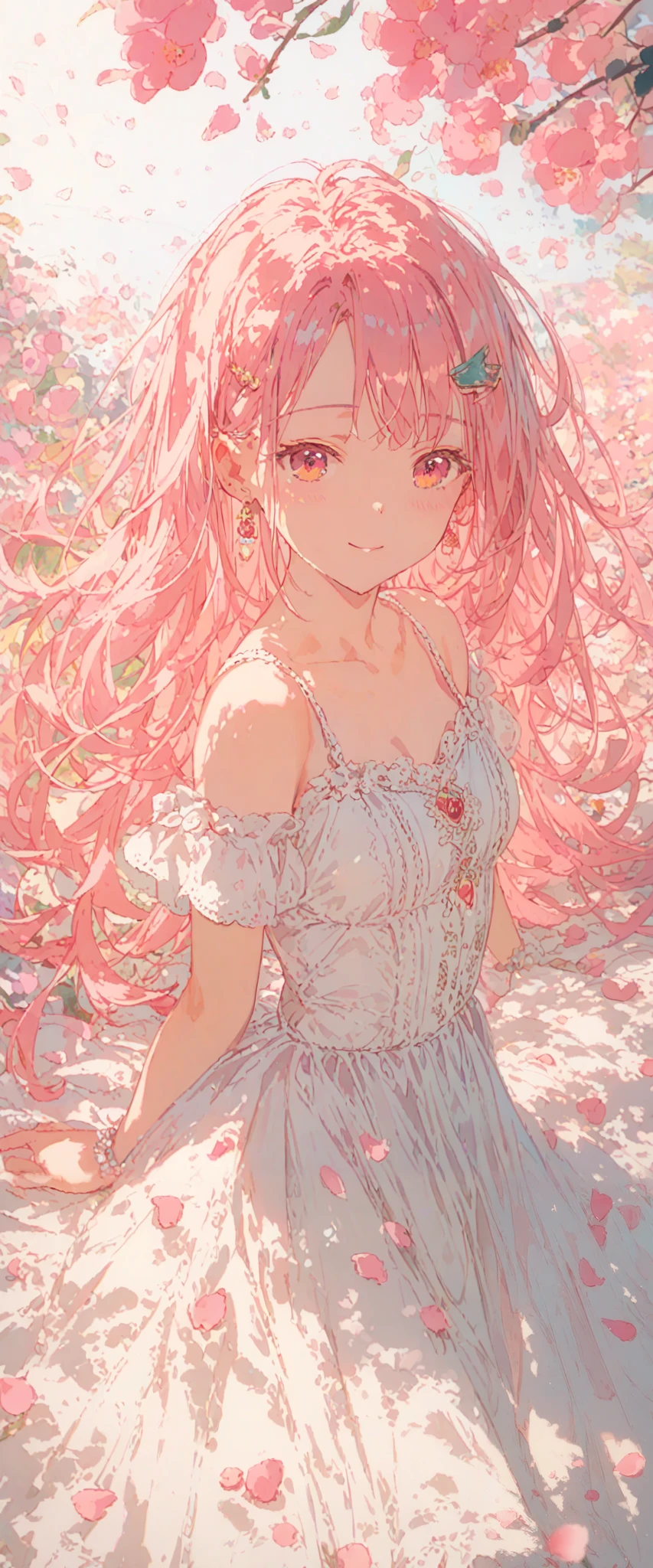 ((best quality)), ((masterpiece)), (detailed), perfect face, cute girl, has pink petals around her, has a sakura hair clip , pink hair