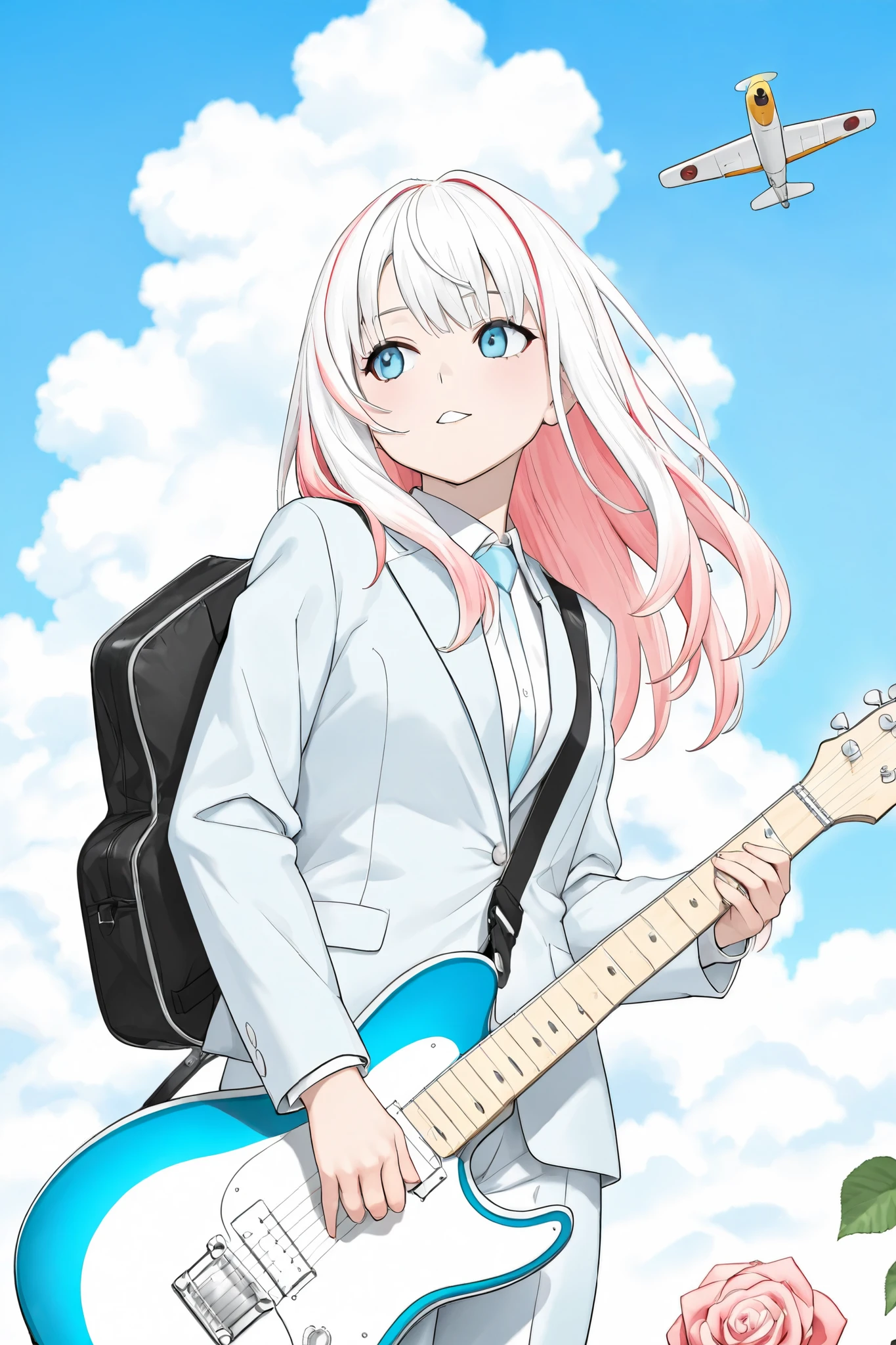 I'm wearing a guitar bag . The background is a small airplane passing by in a blue high sky with white clouds. Wearing a Japanese school suit . Warm rose-colored hair with long hair . A girl with clear blue eyes. Looking back