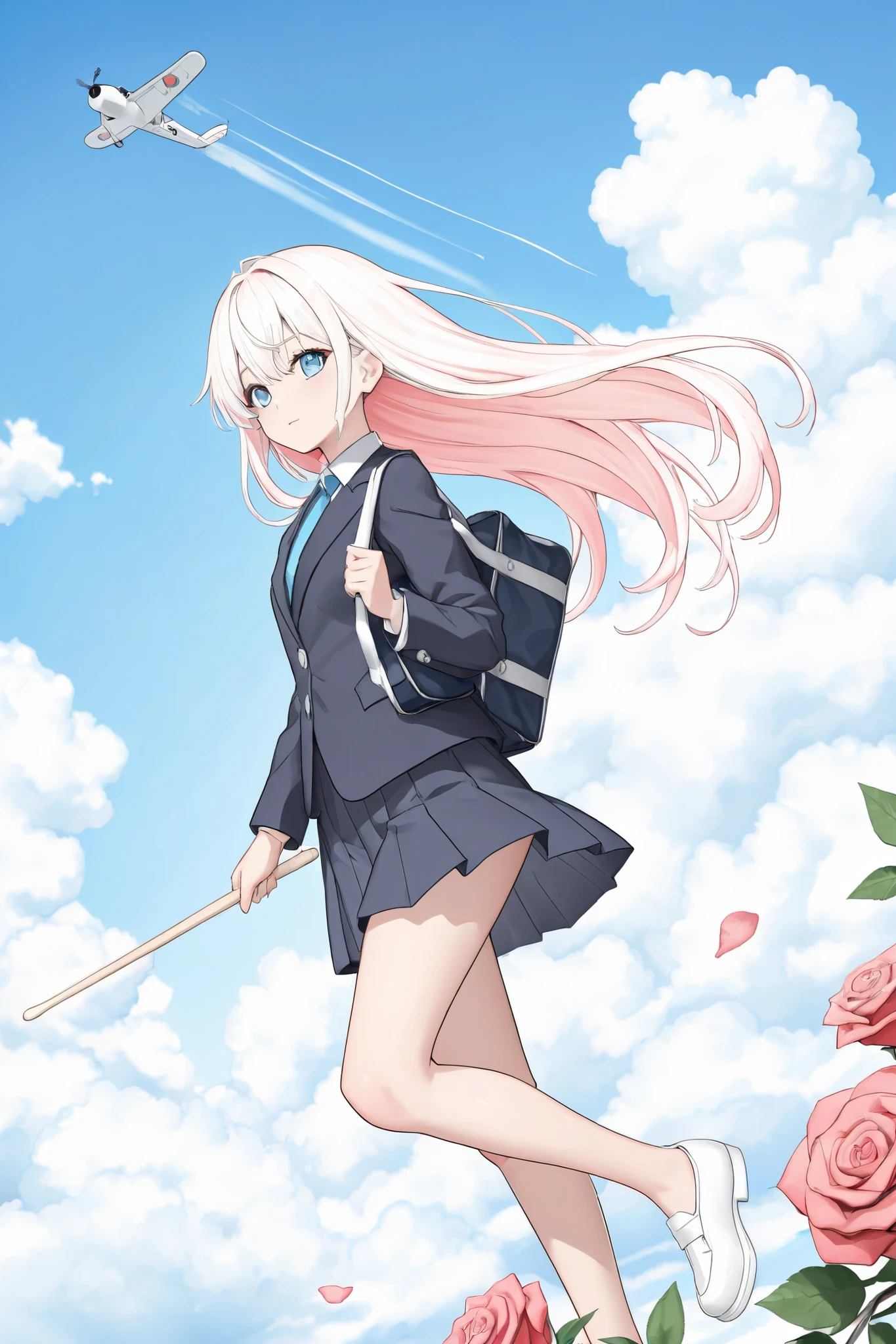 Carrying 2 drumsticks and carrying a schoolbag. The background is a small airplane passing by in a blue high sky with white clouds. Wearing a Japanese school suit . Warm rose-colored hair with long hair . A girl with clear blue eyes. Looking back