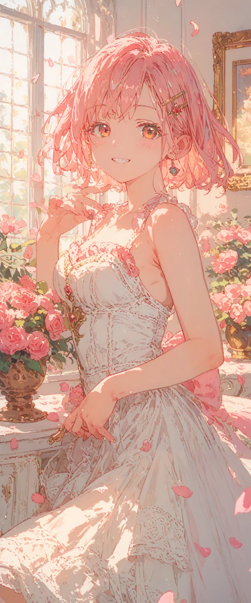 ((best quality)), ((masterpiece)), (detailed), perfect face, cute girl, has pink petals around her, has a sakura hair clip , pink hair