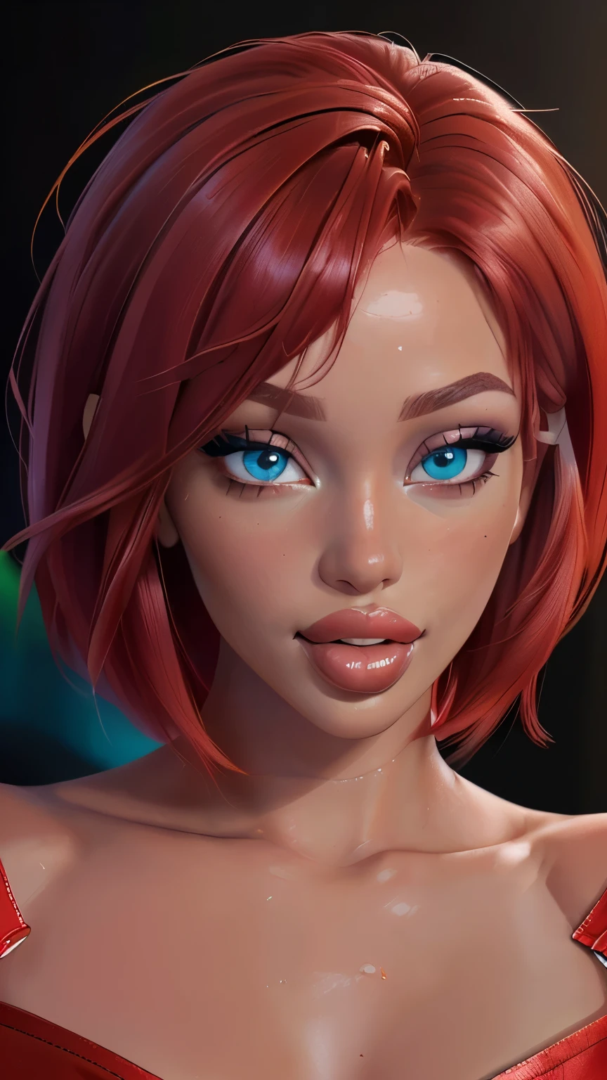 3/4 body shot (sexy red haired young woman,perfect body,posing,model,stage,luxury hall),(oil painting),(detailed face,beautiful eyes,detailed lips, lips apart),(best quality,highres:1.2),(realistic),(portrait),(vibrant colors),(soft lighting), ((confident:1.7)), ((joyful:1.2)), short messy haircut