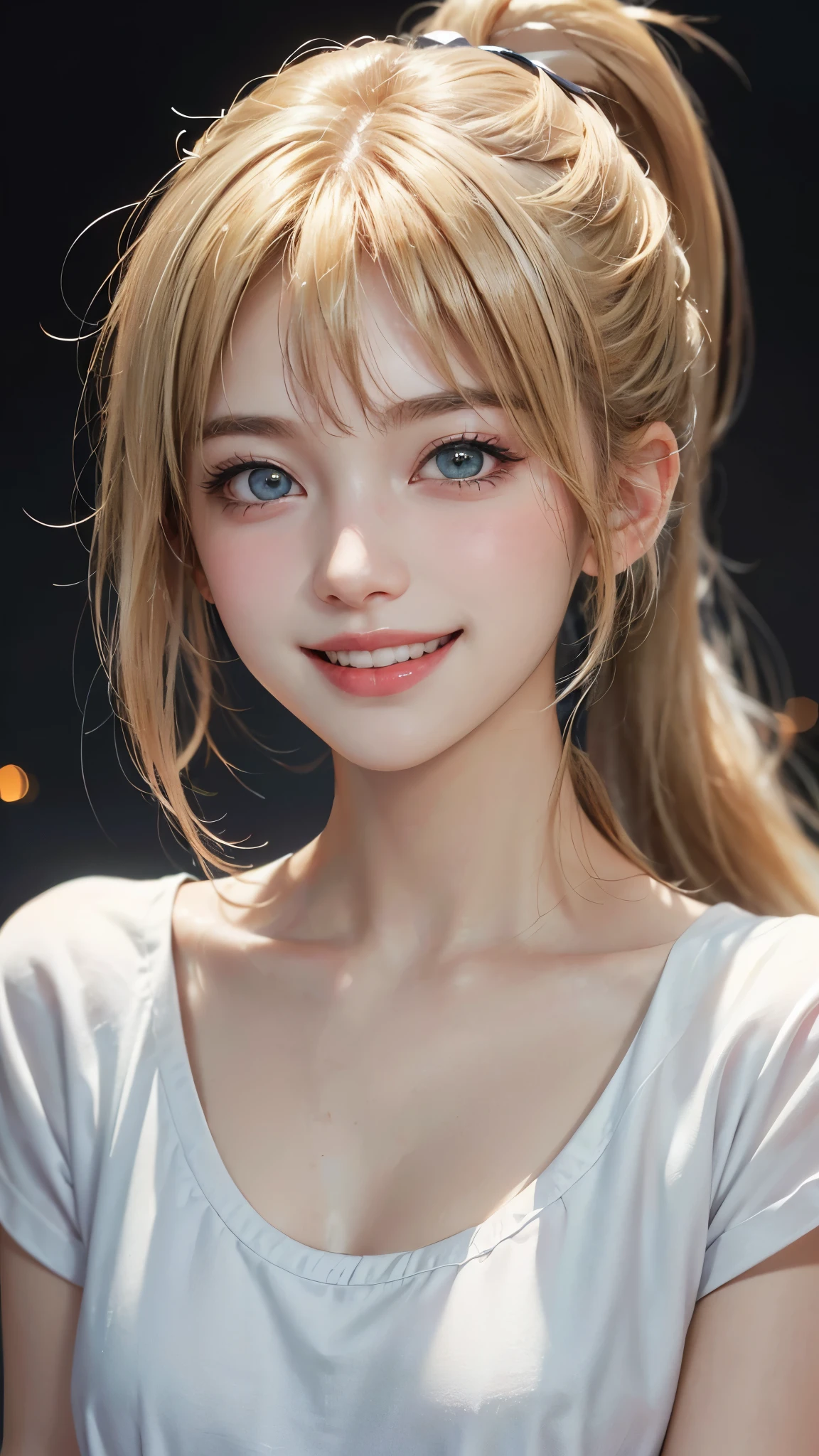 (UHD, retina, masterpiece, accurate, anatomically_correct, textured_skin, super_detail, high_details, high_quality, best_quality, high_res, 1080P, HD, 4K, 8k, 16k), (beautiful_detailed_eyes, beautiful_detailed_lips, extremely_detailed_eyes_and_face), soft_lighting, physically-based_rendering, vivid_colors, (shiny_hair, shiny_skin, tanned_skin, blush), (bangs:1.5), eye_reflection, (bokeh, simple_background), (1_girl, blonde_hair, smile_and_laugh:1.5), white t-shirt, twintails,