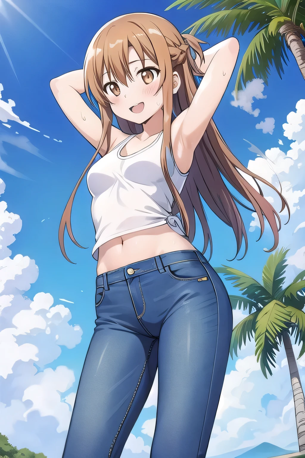 masterpiece,best quality,ultra detail, ((Perfect Face, Perfect Arms, Perfect hands, Perfect Fingers)), 1girl, , peti ((round face, ecstasy, orgasm face, drooping eyes, shame smiling, blush)), dropping eyes, sleepy, Open mouth, White teeth, background((under the beach, (day:1.2), palm tree, bright sky)), asuna yuuki, long hair, brown hair, (brown eyes:1.8), ((arms behind head, hands behind head, fingers behind head)), contrapposto, spread armpits, looking at viewer,, (white tank top:1.2), (white crop top:1.2), (jeans pants:1.2, flares jeans:1.2, skinny jeans:1.2, blue jeans:1.2), standing, (legs spread:1.2), sex pose, Sweaty crotch, Steam from the crotch, from below, ((full medium body))