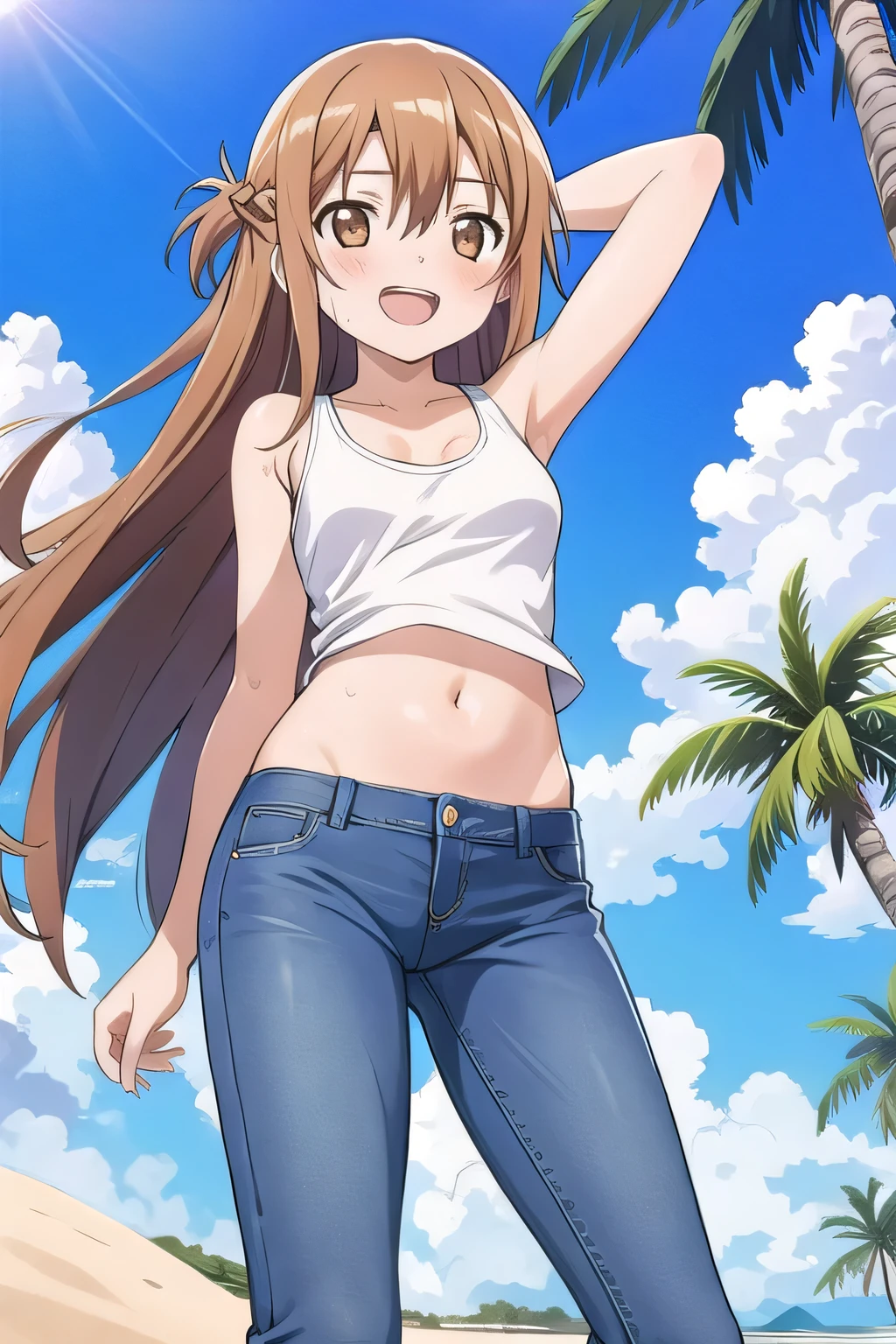 masterpiece,best quality,ultra detail, ((Perfect Face, Perfect Arms, Perfect hands, Perfect Fingers)), 1girl, , peti ((round face, ecstasy, orgasm face, drooping eyes, shame smiling, blush)), dropping eyes, sleepy, Open mouth, White teeth, background((under the beach, (day:1.2), palm tree, bright sky)), asuna yuuki, long hair, brown hair, (brown eyes:1.8), ((arms behind head, hands behind head, fingers behind head)), contrapposto, spread armpits, looking at viewer,, (white tank top:1.2), (white crop top:1.2), (jeans pants:1.2, flares jeans:1.2, skinny jeans:1.2, blue jeans:1.2), standing, (legs spread:1.2), sex pose, Sweaty crotch, Steam from the crotch, from below, ((full medium body))