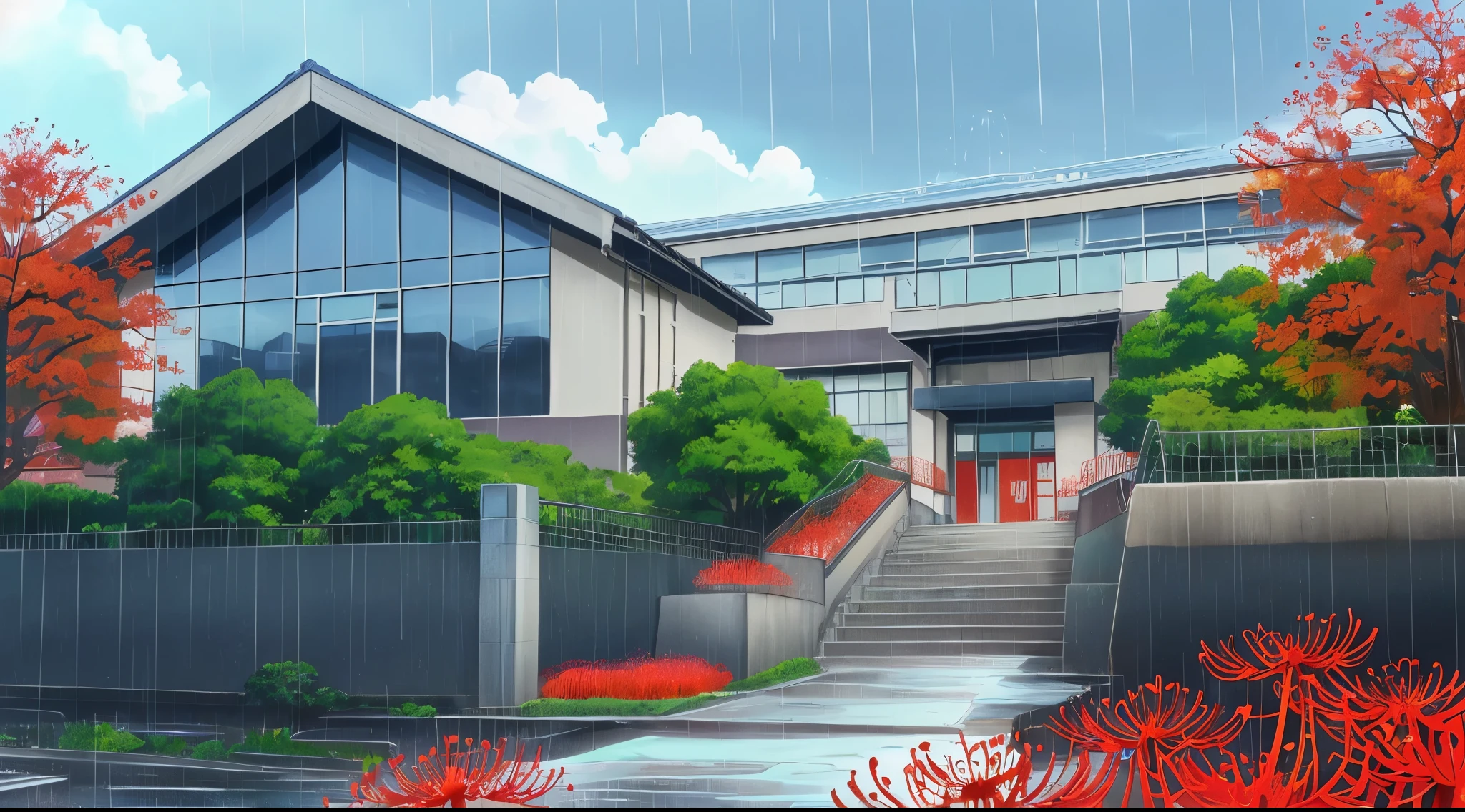 (Rainy sky) (Raindrops Falling) (Afternoon) (Grey Sky)
(80’s Anime) (Classic) (Vintage) (Retro)
1980’s Tokyo High School is a huge broad campus of several buildings build in a contemperary architecture.
There is a field of Higanbana (Red Spider Lily) flowers.
(View from the Stairwell)