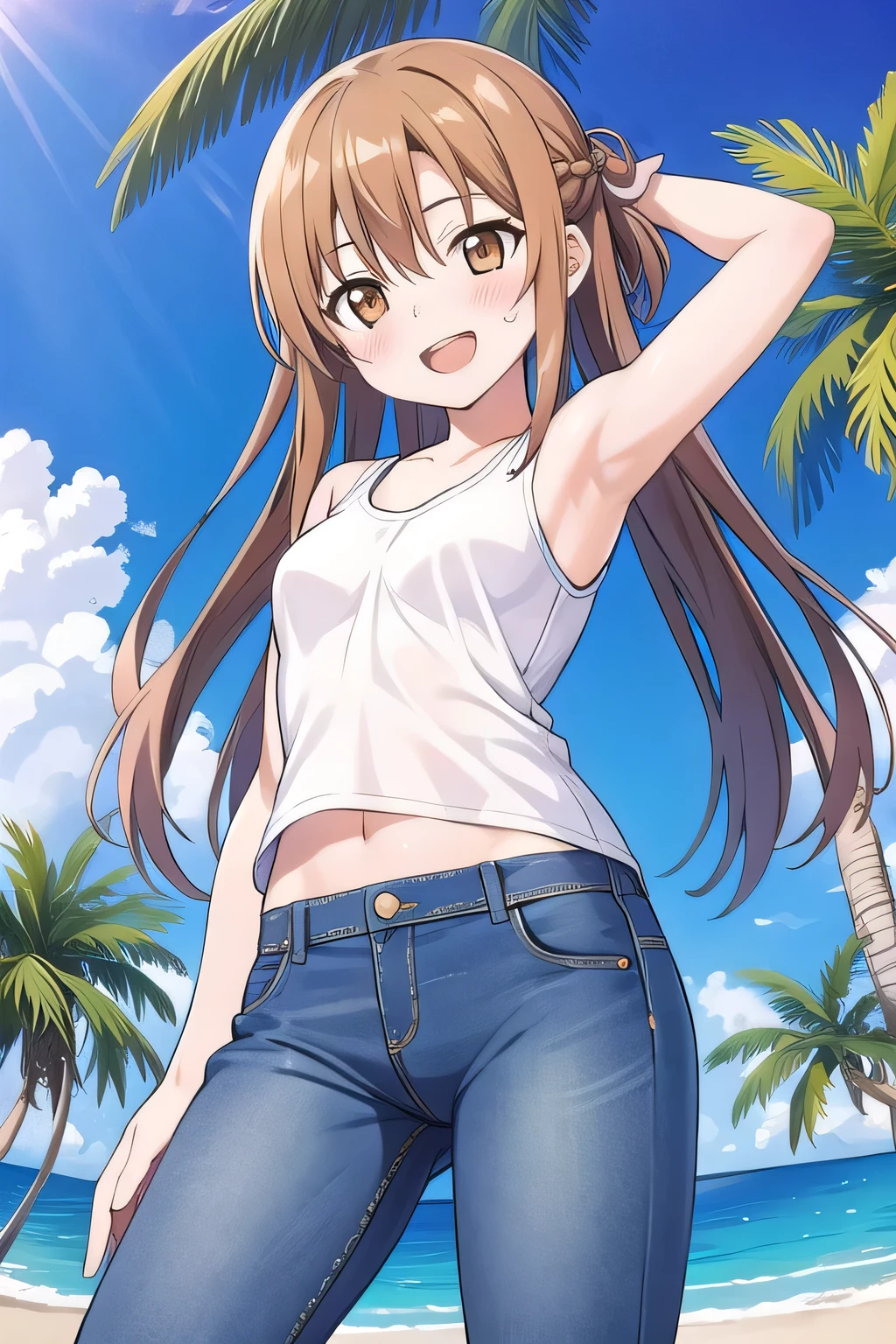 masterpiece,best quality,ultra detail, ((Perfect Face, Perfect Arms, Perfect hands, Perfect Fingers)), 1girl, , peti ((round face, ecstasy, orgasm face, drooping eyes, shame smiling, blush)), dropping eyes, sleepy, Open mouth, White teeth, background((under the beach, (day:1.2), palm tree, bright sky)), asuna yuuki, long hair, brown hair, (brown eyes:1.8), ((arms behind head, hands behind head, fingers behind head)), contrapposto, spread armpits, looking at viewer,, (white tank top:1.2), (white crop top:1.2), (jeans pants:1.2, flares jeans:1.2, skinny jeans:1.2, blue jeans:1.2), standing, (legs spread:1.2), sex pose, Sweaty crotch, Steam from the crotch, from below, ((full medium body))