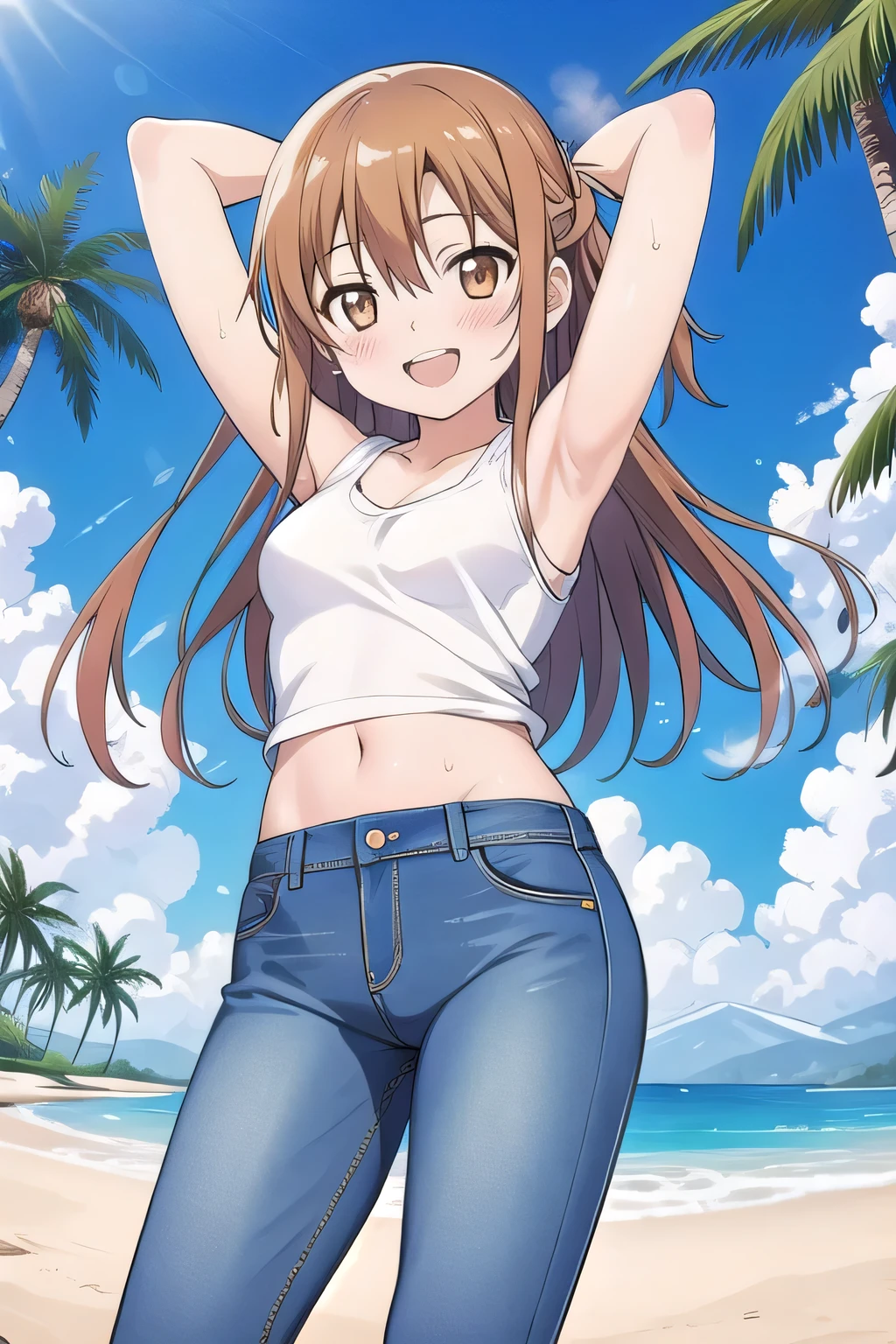 masterpiece,best quality,ultra detail, ((Perfect Face, Perfect Arms, Perfect hands, Perfect Fingers)), 1girl, , peti ((round face, ecstasy, orgasm face, drooping eyes, shame smiling, blush)), dropping eyes, sleepy, Open mouth, White teeth, background((under the beach, (day:1.2), palm tree, bright sky)), asuna yuuki, long hair, brown hair, (brown eyes:1.8), ((arms behind head, hands behind head, fingers behind head)), contrapposto, spread armpits, looking at viewer,, (white tank top:1.2), (white crop top:1.2), (jeans pants:1.2, flares jeans:1.2, skinny jeans:1.2, blue jeans:1.2), standing, (legs spread:1.2), sex pose, Sweaty crotch, Steam from the crotch, from below, ((full medium body))