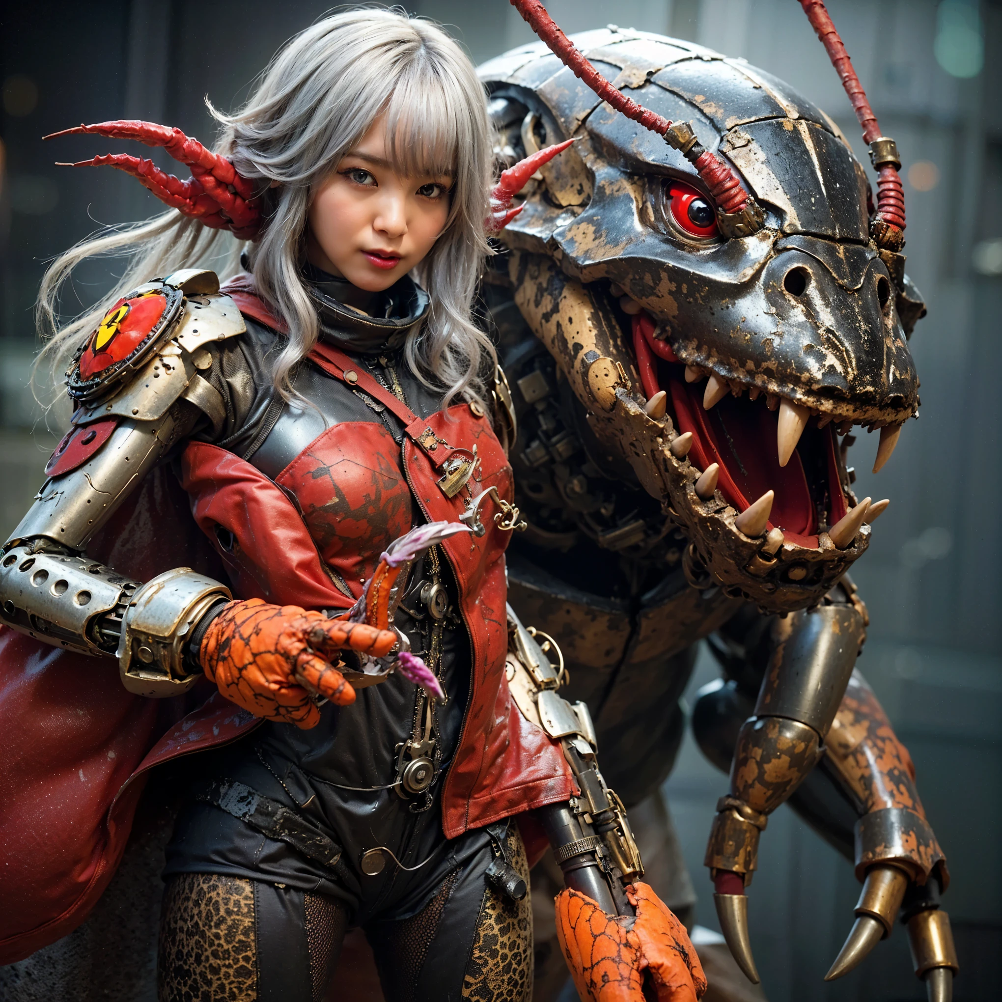 (Completely live action:1.37), (Amazingly realistic textures:1.37), (masterpiece, best quality:1.2), (8k uhd, 16k, 32k, ultra high res), amazingly realistic skin, amazingly realistic photo, superrealism, (photorealistic:1.37), (RAW photo), ultimately realistic, (ultimately realistic all details), (ultimately realistic all textures), super realistic lighting, super realistic shadow, (japanese girl:1.5), (realistic idol face), smiling, happy, super realistic face, ultimately realistic skin, ultimately realistic eyes, (mascara:1.35)ultimately realistic background, ultimately realistic detail up, (kkw-ph1:1.25), (Canon EOS R6, 85mm, 1/200s, f/5.6, ISO 1600), (tattoo), (mechanical armor:1.37), (blue eyes:1.2), (silver hair:1.3), 