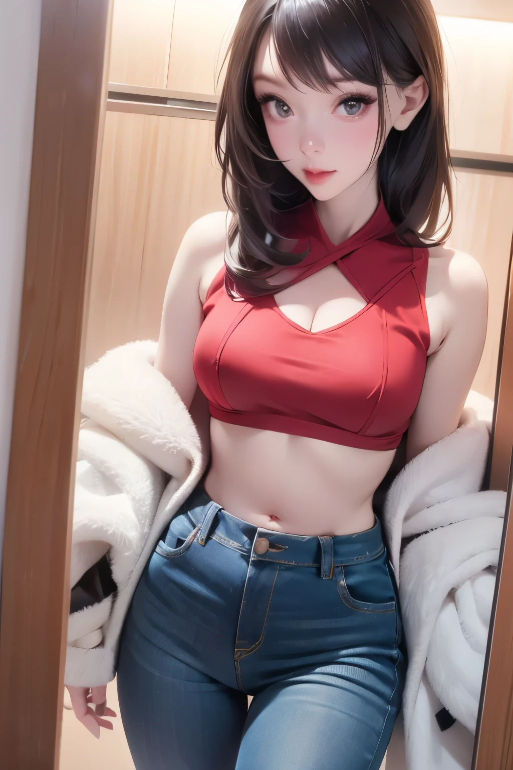 There is a woman in front of a mirror,  wearing a sexy cropped top ,  costume photo ,  slim waist and plump hips , Physical :  the smallest mid-rise ever  , A picture of a beautiful woman with a short top s,  the smallest mid-rise ever  , Wearing a crop top,  to show your belly button, A picture of a beautiful woman with a short top , Beautiful mid-rise  , Thin waist, jeans