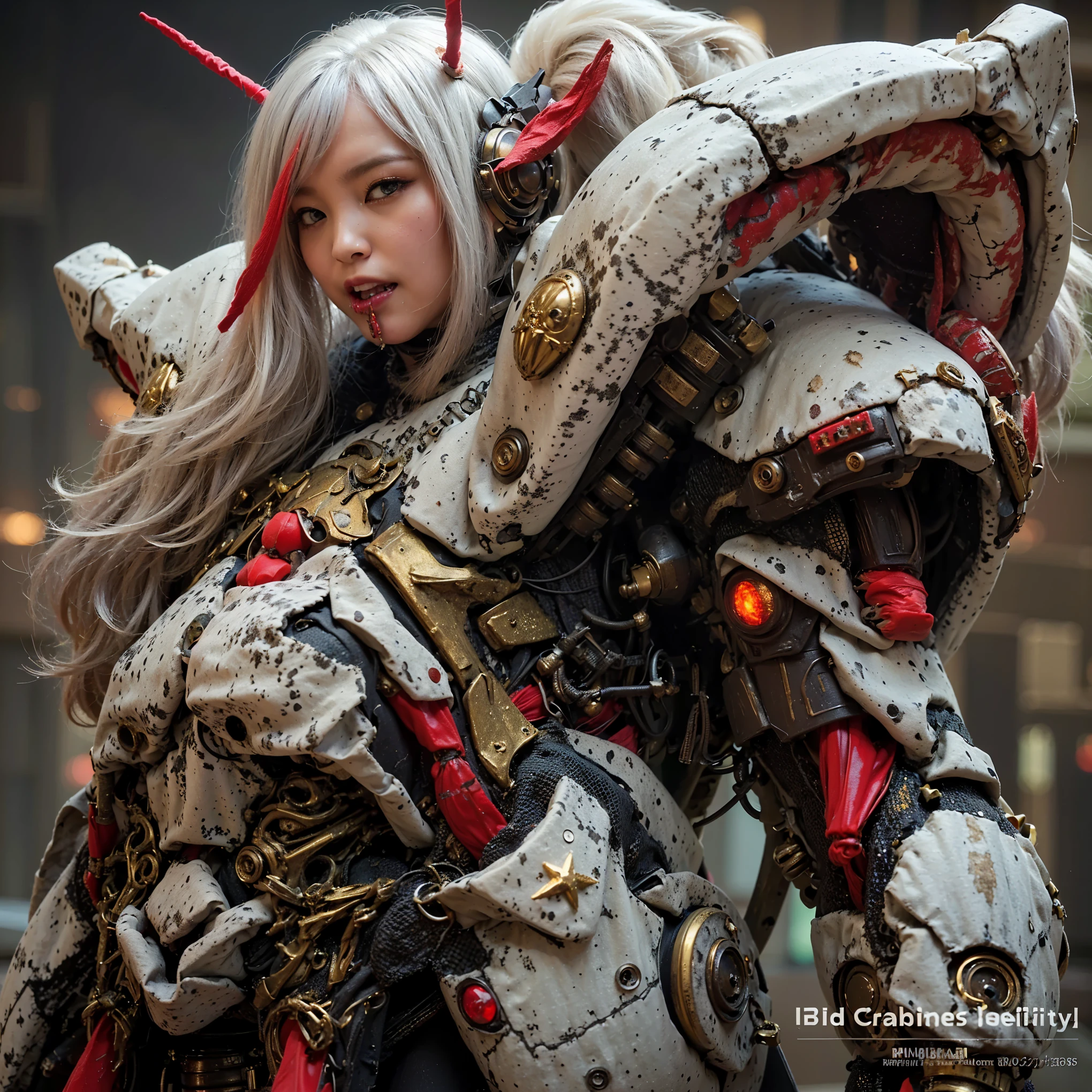 (Completely live action:1.37), (Amazingly realistic textures:1.37), (masterpiece, best quality:1.2), (8k uhd, 16k, 32k, ultra high res), amazingly realistic skin, amazingly realistic photo, superrealism, (photorealistic:1.37), (RAW photo), ultimately realistic, (ultimately realistic all details), (ultimately realistic all textures), super realistic lighting, super realistic shadow, (japanese girl:1.5), (realistic idol face), smiling, happy, super realistic face, ultimately realistic skin, ultimately realistic eyes, (mascara:1.35)ultimately realistic background, ultimately realistic detail up, (kkw-ph1:1.25), (Canon EOS R6, 85mm, 1/200s, f/5.6, ISO 1600), (tattoo), (mechanical armor:1.37), (blue eyes:1.2), (silver hair:1.3), 