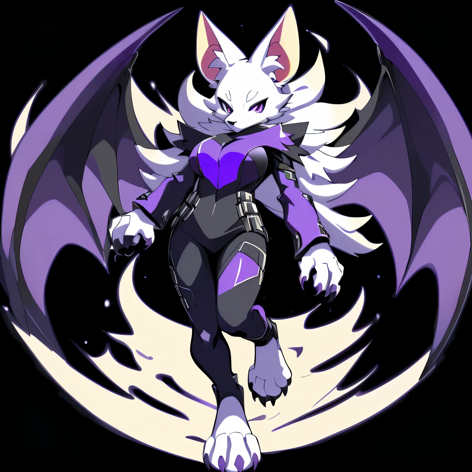 Anime, anime style, ((single person:2)), ((solo drawing:2)), ((solo:2)), ((three-quarter view)), ((Looking to the side)), ((sfw version)), ((female Anthro bat)), ((Tall figure)), ((buxom figure)), ((short white fur)), clawed hands, ((clawed paws)), ((Single Pair of Wings)), ((Huge Bat Wings)), ((Purple and black Bat Wings:1.3)), ((white bat ears)), ((wearing a black and purple outfit)), ((white face)), ((neutral expression)), vivid golden eyes, ((digitigrade legs)), ((digitigrade feet)), ((solid black background)), highly detailed anime style, clean lines, white face, short white muzzle, white furry cheeks, white furry muzzle, ((white foot paws)), ((foot paws with four toes)), ((Claws on paws))
