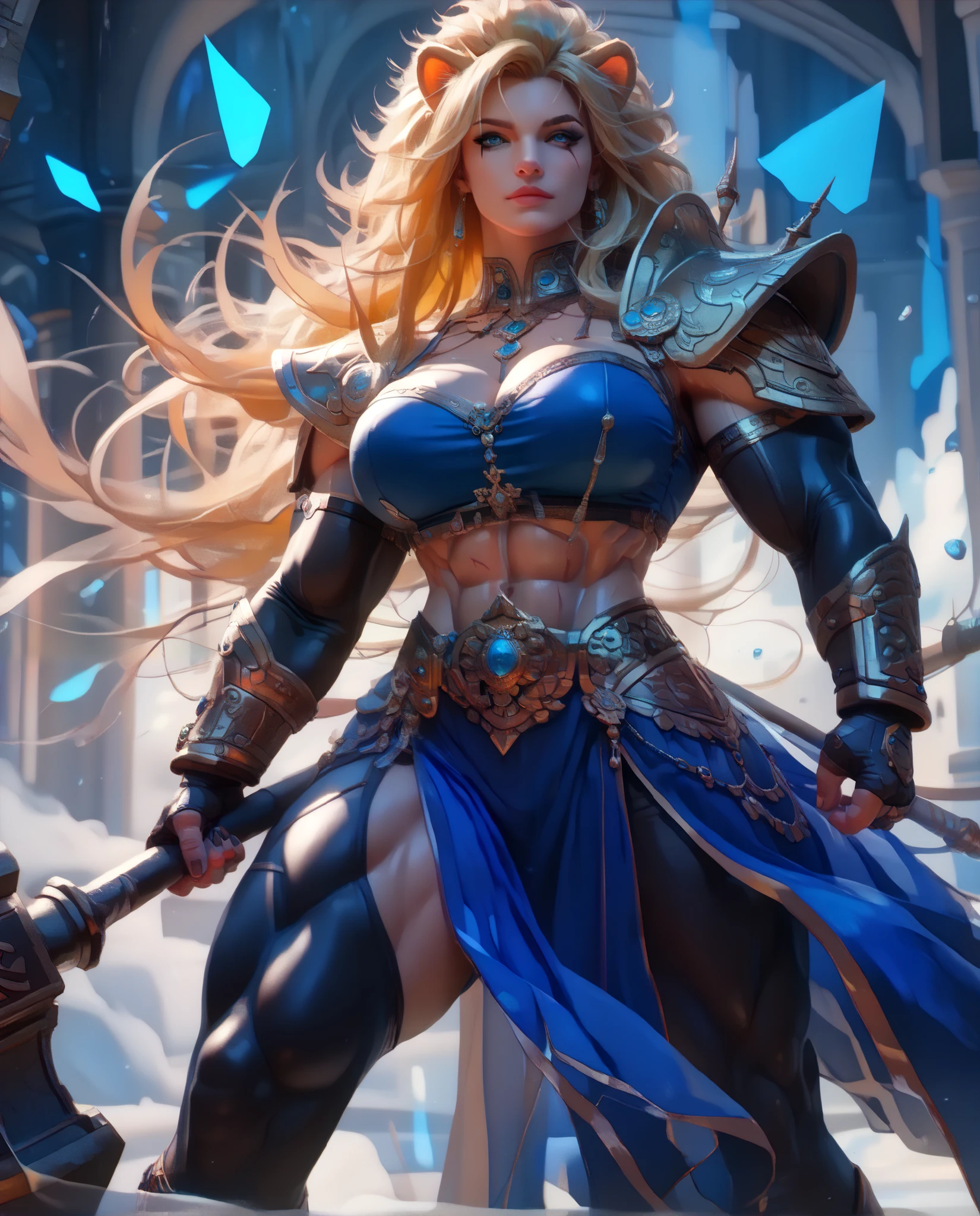lion woman, big muscle, blue eyes, long golden mane hair, big hammer, warrior, scar, (perfect_face:0.6), best_qualities, (ultra-detailled:1.2), (huge_muscle:1.5), feminim, seductress, jewelry, tall, black eyeliner