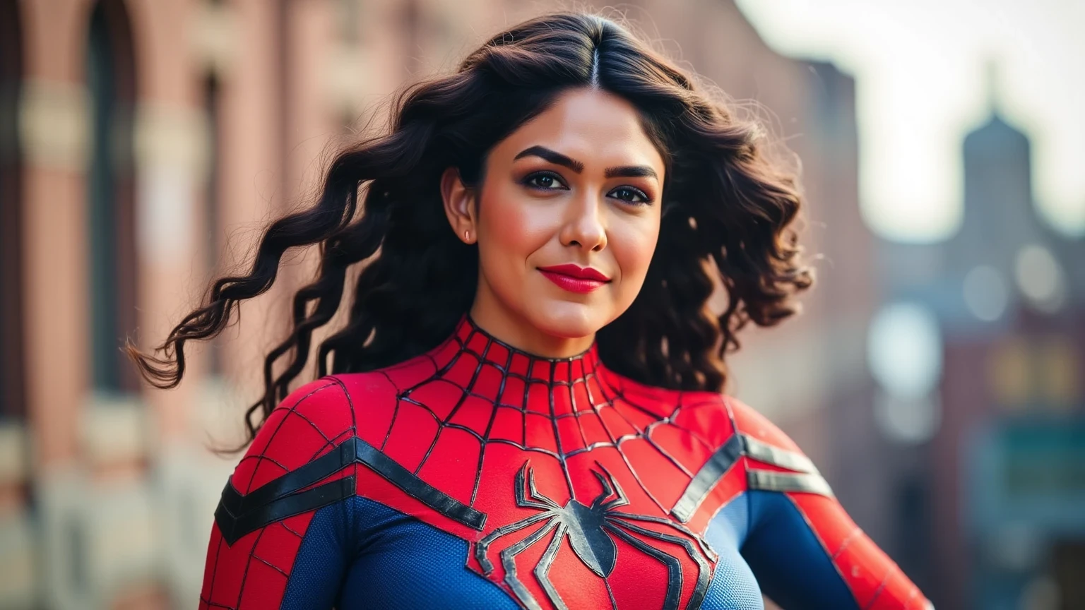 A curvy, confident woman wearing a Spider-Man costume, designed to fit snugly over her figure. The costume features the iconic red and blue color scheme with black web patterns and a bold spider emblem on her chest. The fabric appears sleek and reflective, emphasizing her curves. Her expression is bold and daring, with a slight smirk, and her hair flows freely from the mask, adding a dynamic touch. The background is a blurred cityscape with soft lighting highlighting her pose and costume