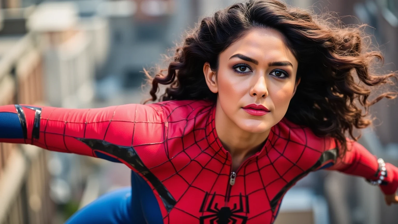 "A woman in a Spider-Man costume is mid-swing, her arm extended forward as if she's just launched a web. The red and blue suit gleams under the sunlight, with intricate black webbing patterns visible. Her mask partially reveals her determined expression, and her hair flows dramatically in the wind. The background features blurred buildings and motion lines, emphasizing speed and agility."